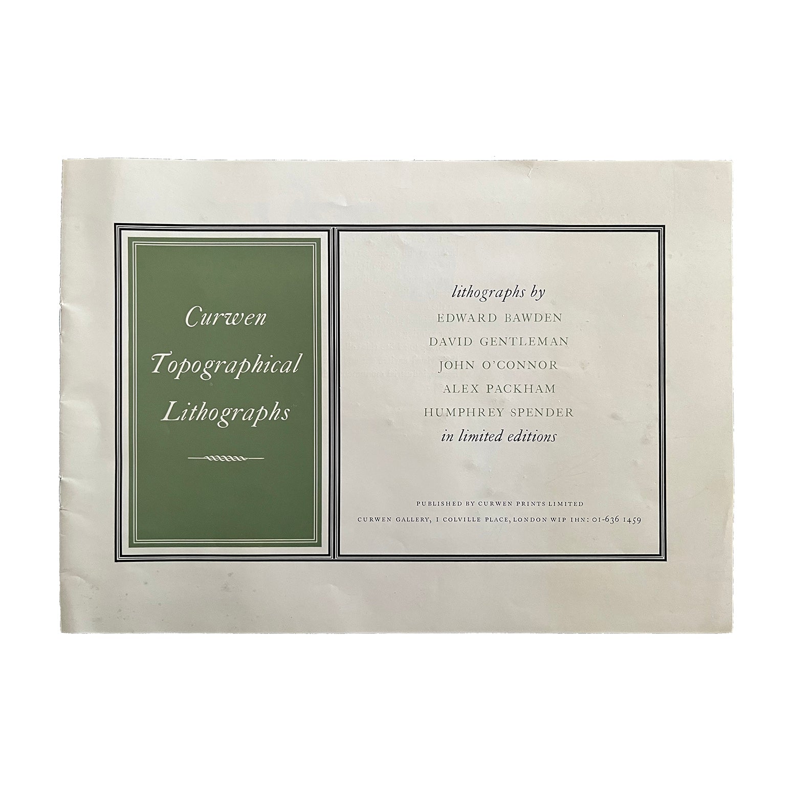 promotional brochure printed by the Curwen Studio, Curwen Topographical Lithographs, 1970. The brochure features images of contemporary artist-created lithographs available to buy from the studio by Edward Bawden, David Gentleman, John O'Connor, Alex Packham and Humphrey Spender.