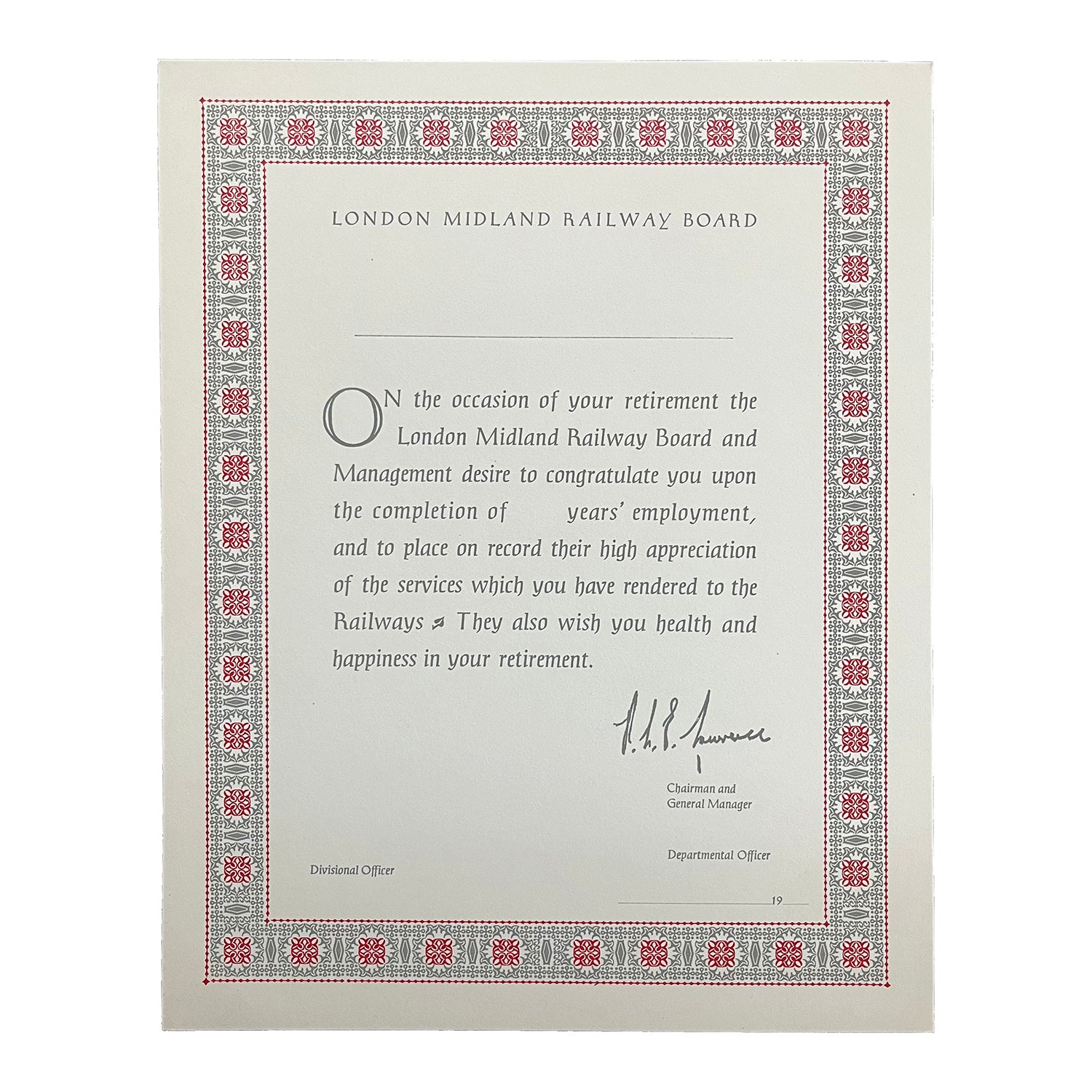 staff retirement certificate, published by British Railways (London Midland Region), printed by the Curwen Press, c. 1960