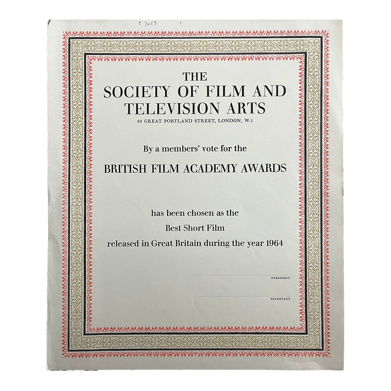 original unissued proof certificate for the British Academy Awards, Best Short Film released in Great Britain during the year 1964. Printed at the Curwen Press