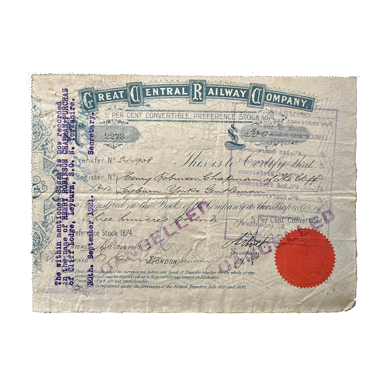 railway share certificate, Great Central Railway Company, 5% Convertible Preference Stock (1874), issued 1909. Transferred 1921