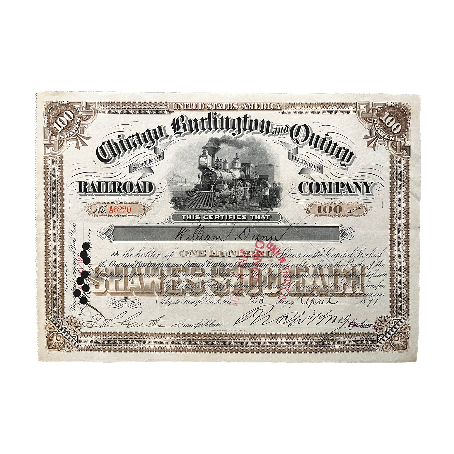 Original railway share certificate, Chicago, Burlington and Quincy Railroad Company, 100 shares at $100 each, issued 1891.