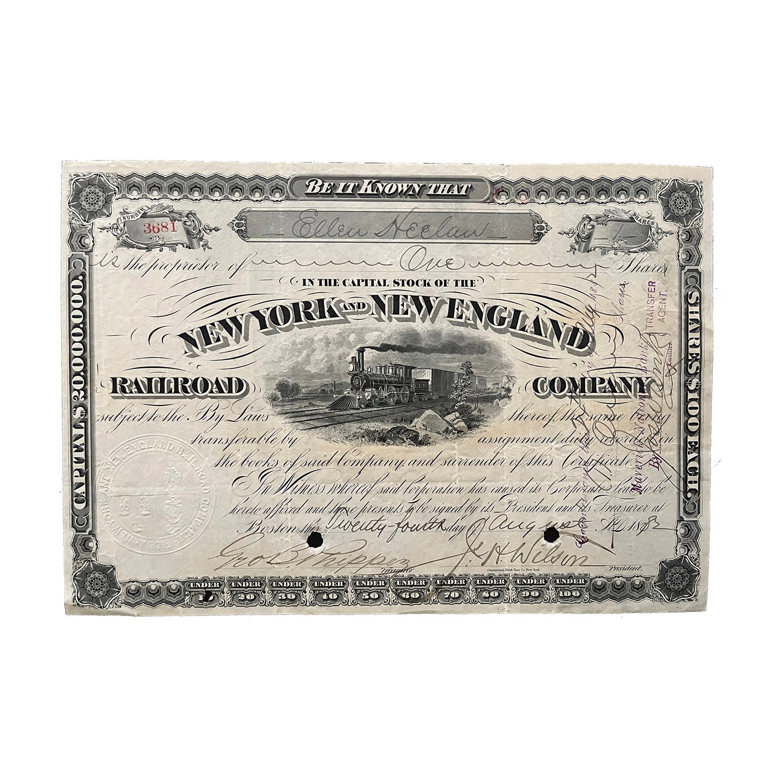Original railway share certificate, New York and New England Railroad Company. Issued 1882.&nbsp;