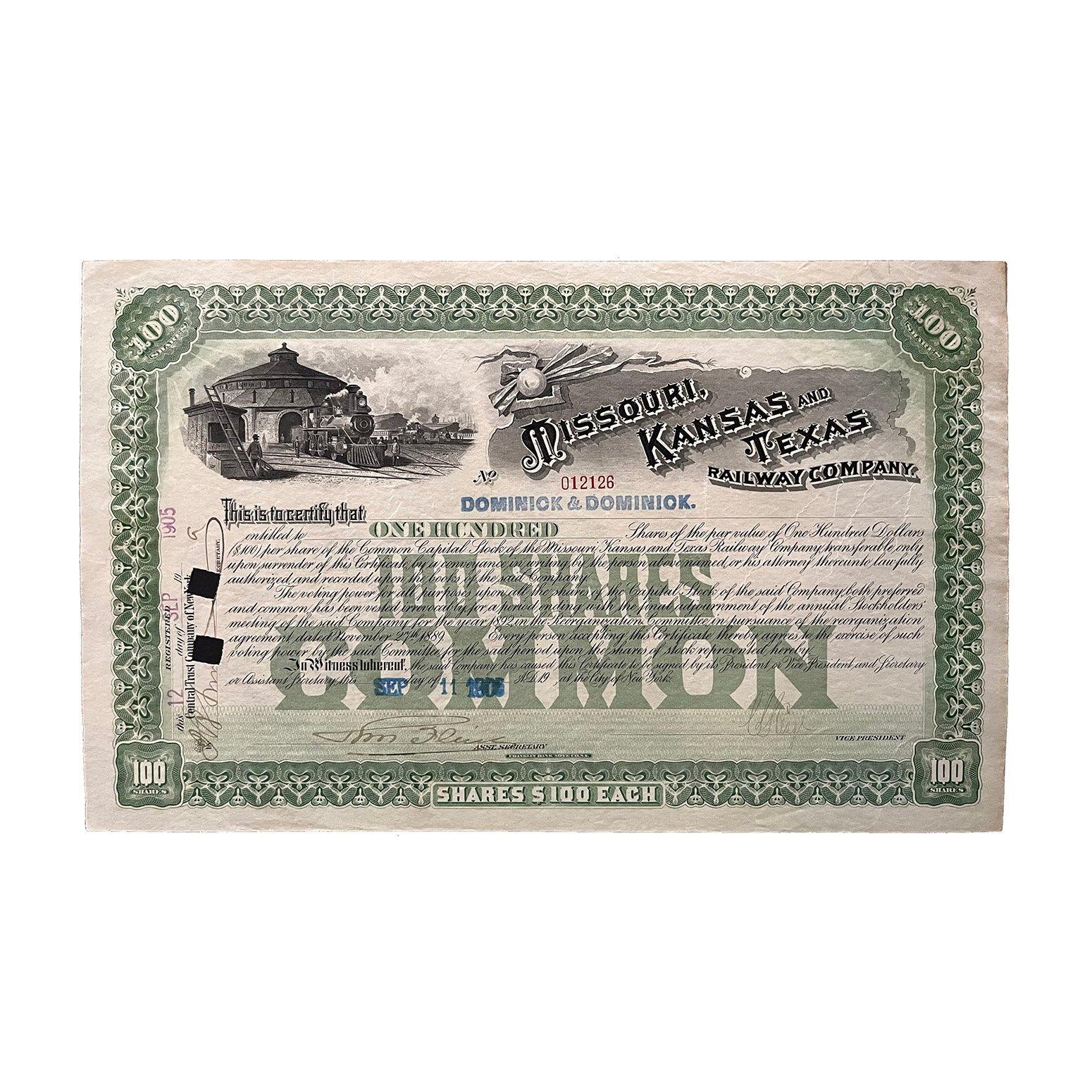 railway share certificate, Missouri, Kansas and Texas Railway Company. 100 Shares. Issued 1905.&nbsp; Very attractive layout, featuring an early American steam locomotive.