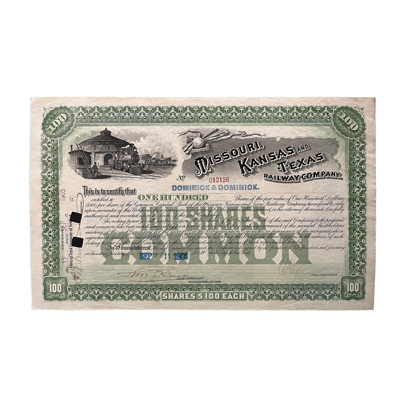 railway share certificate, Missouri, Kansas and Texas Railway Company. 100 Shares. Issued 1905.  Very attractive layout, featuring an early American steam locomotive.