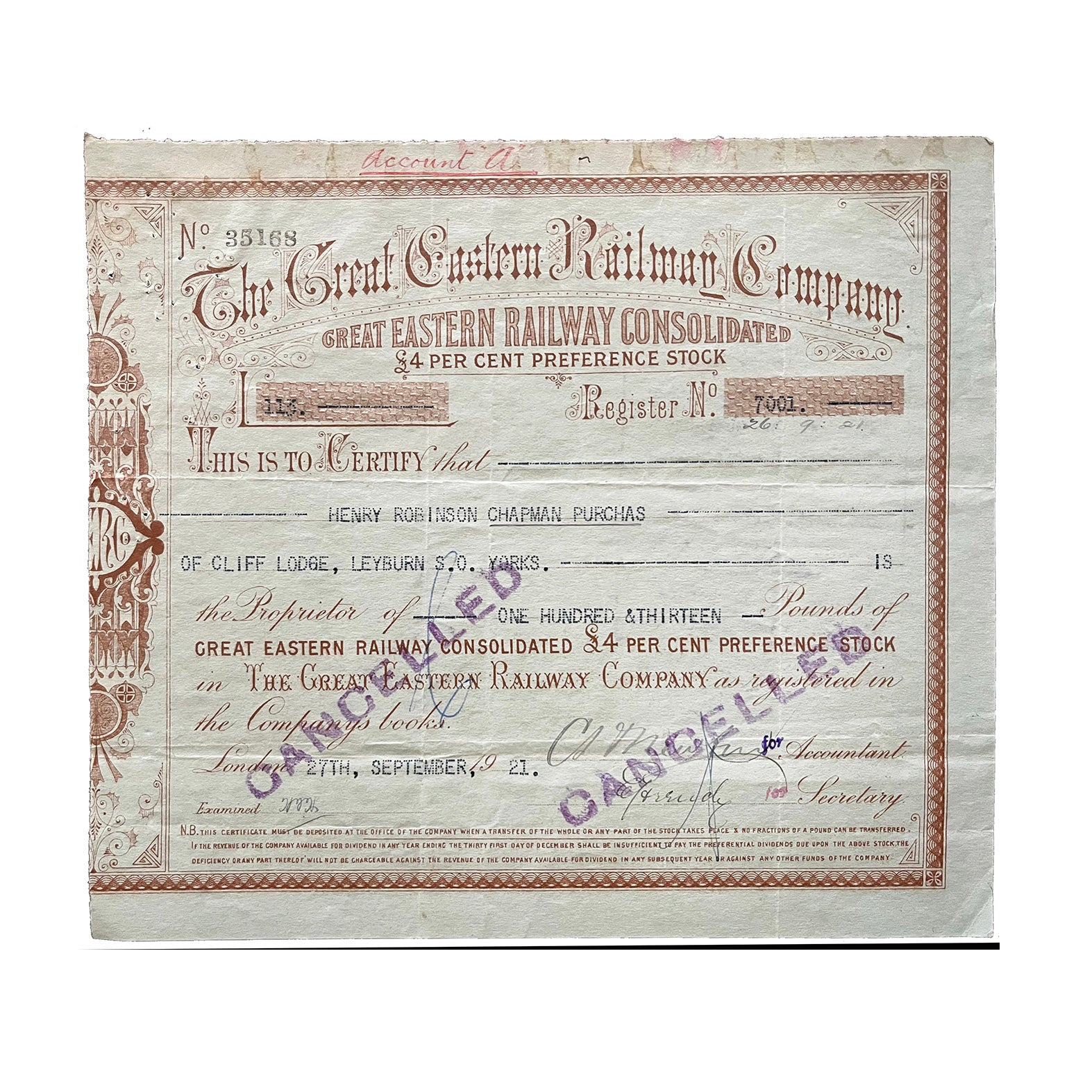 railway share certificate, Great Eastern Railway Company, 4% Preference Stock, £113, issued 1921.