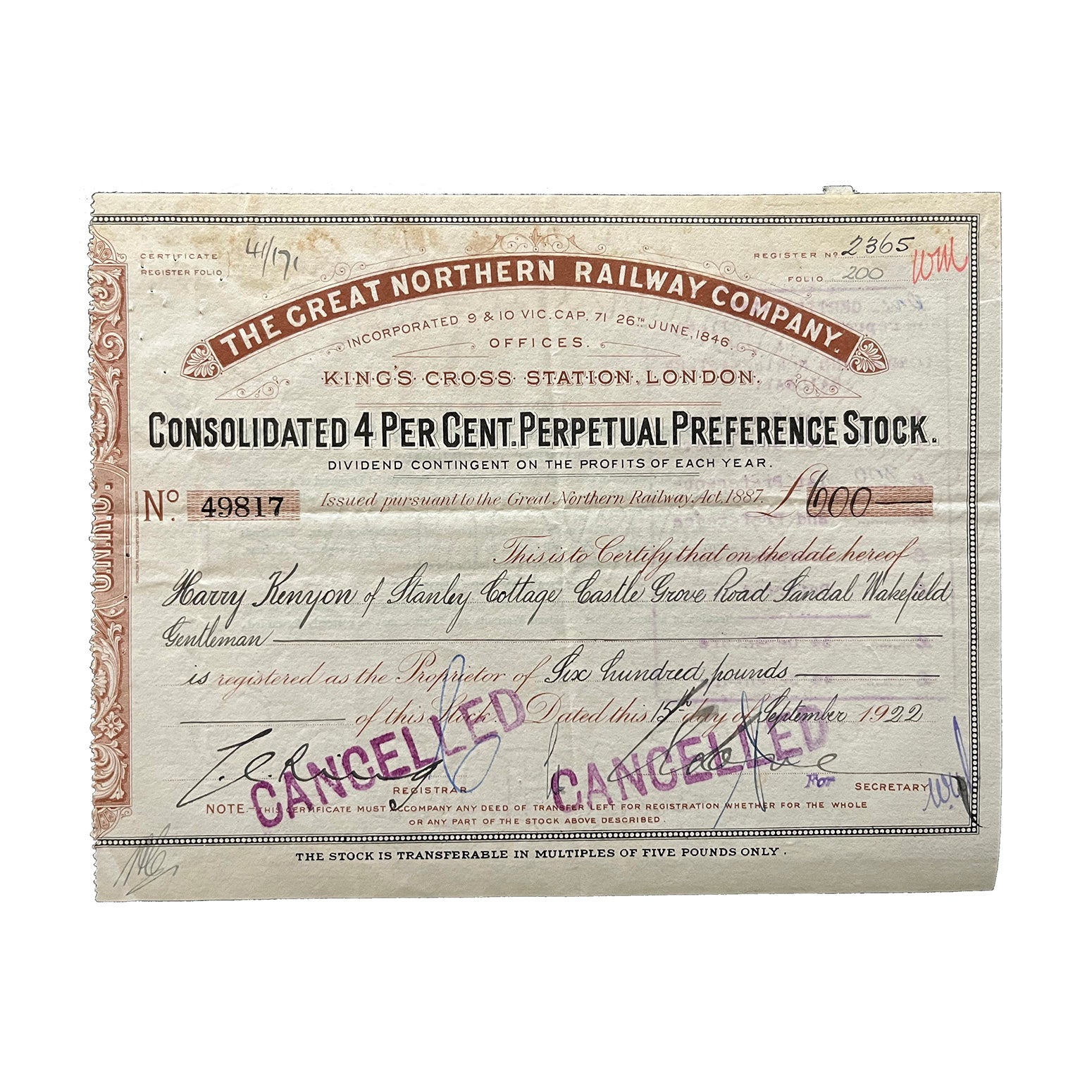 Original railway share certificate, Great Northern Railway Company, Consolidated 4% Perpetual Preference Stock, £600, issued 1922.