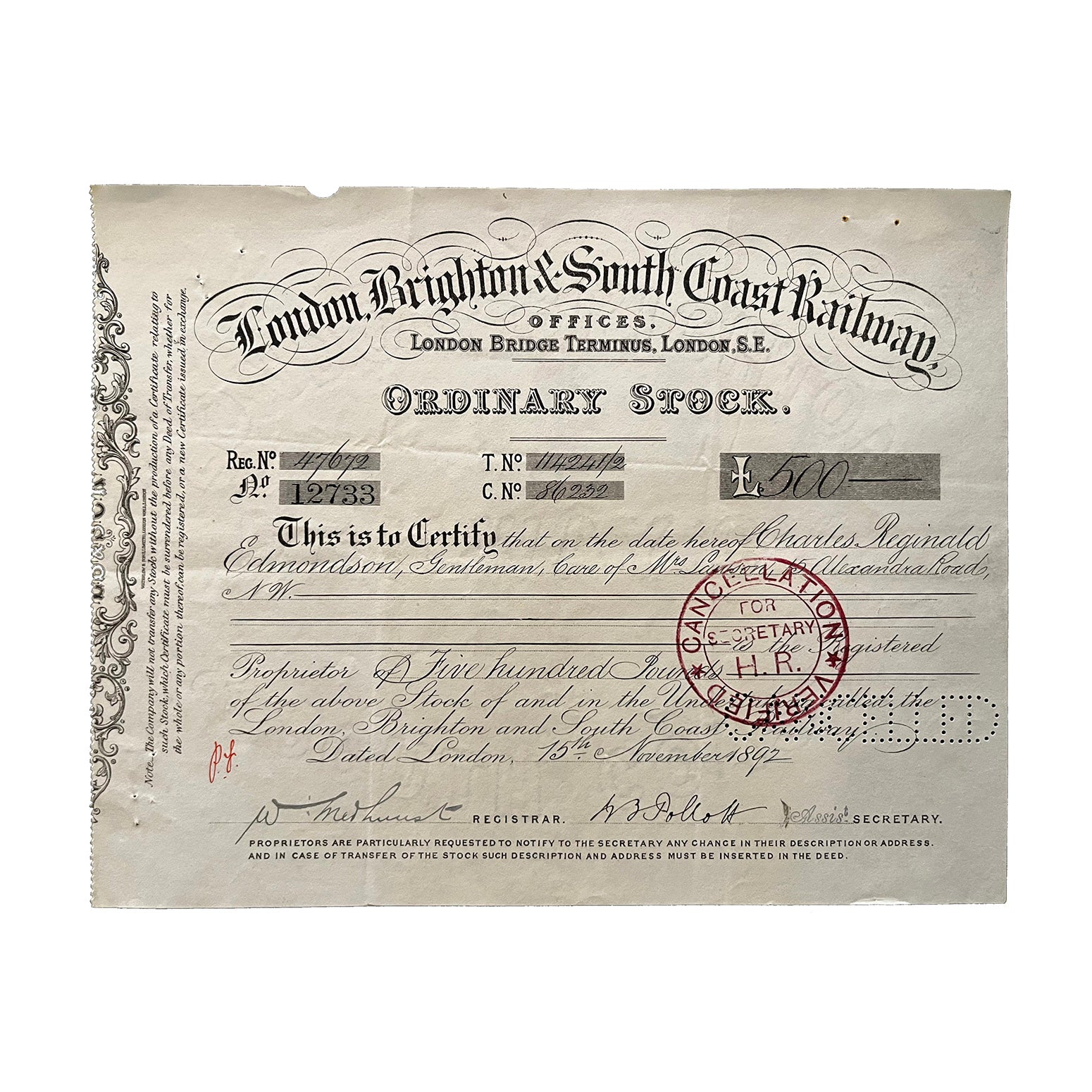 Original railway share certificate, London Brighton &amp; South Coast Railway, Ordinary Stock, £500, issued 1892.
