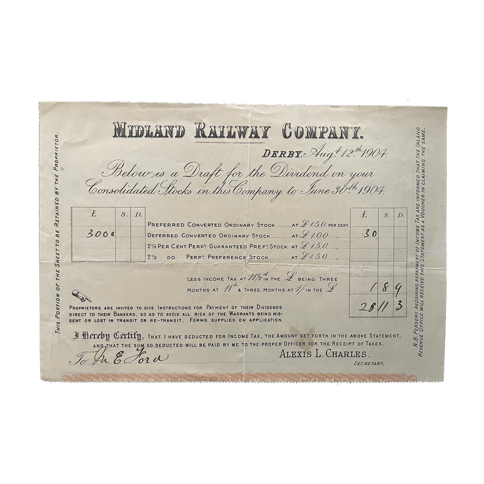 Original Midland Railway Company Dividend Statement, 1904
