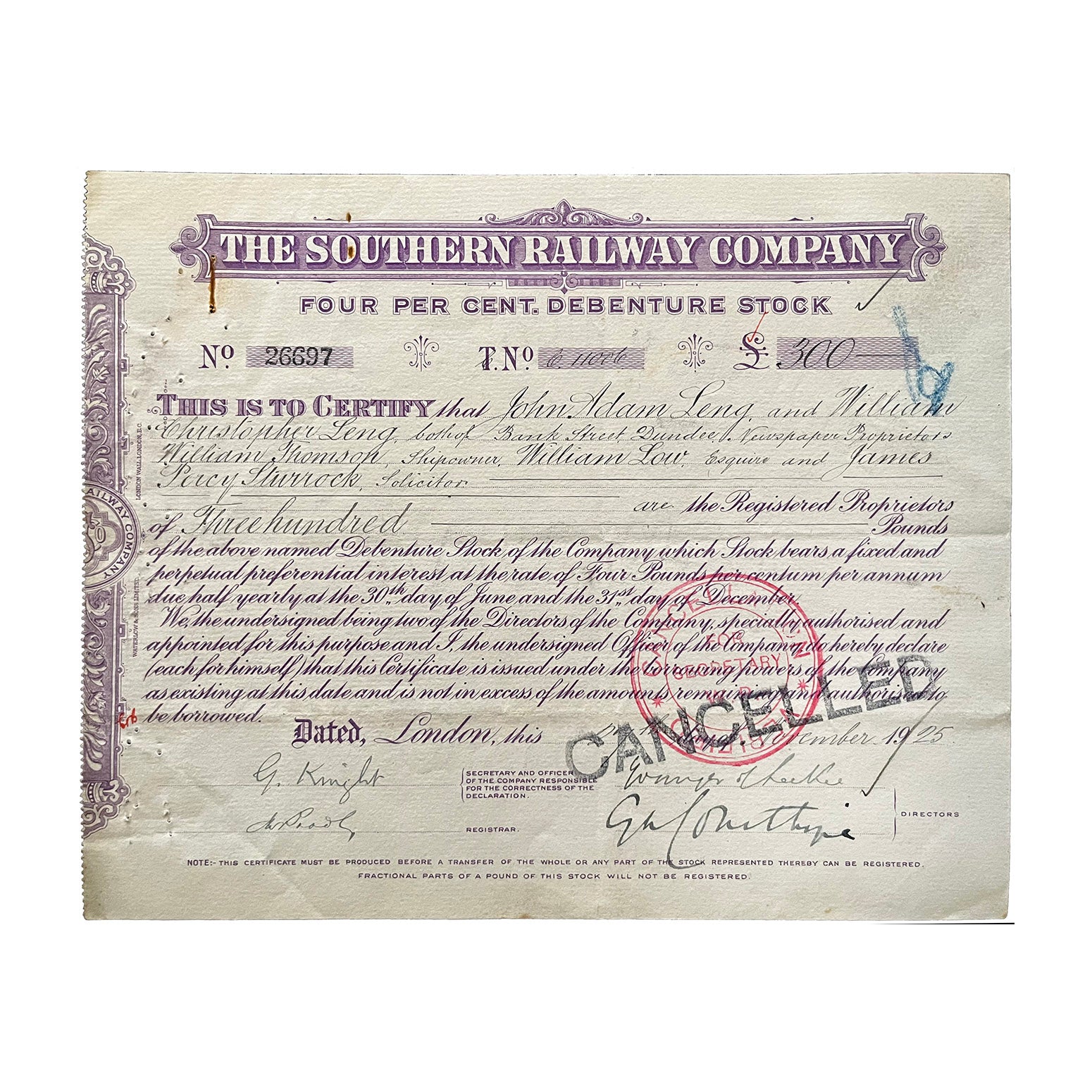Original railway share certificate, Southern Railway Company, 4% Debenture Preference Stock, £300, issued 1925