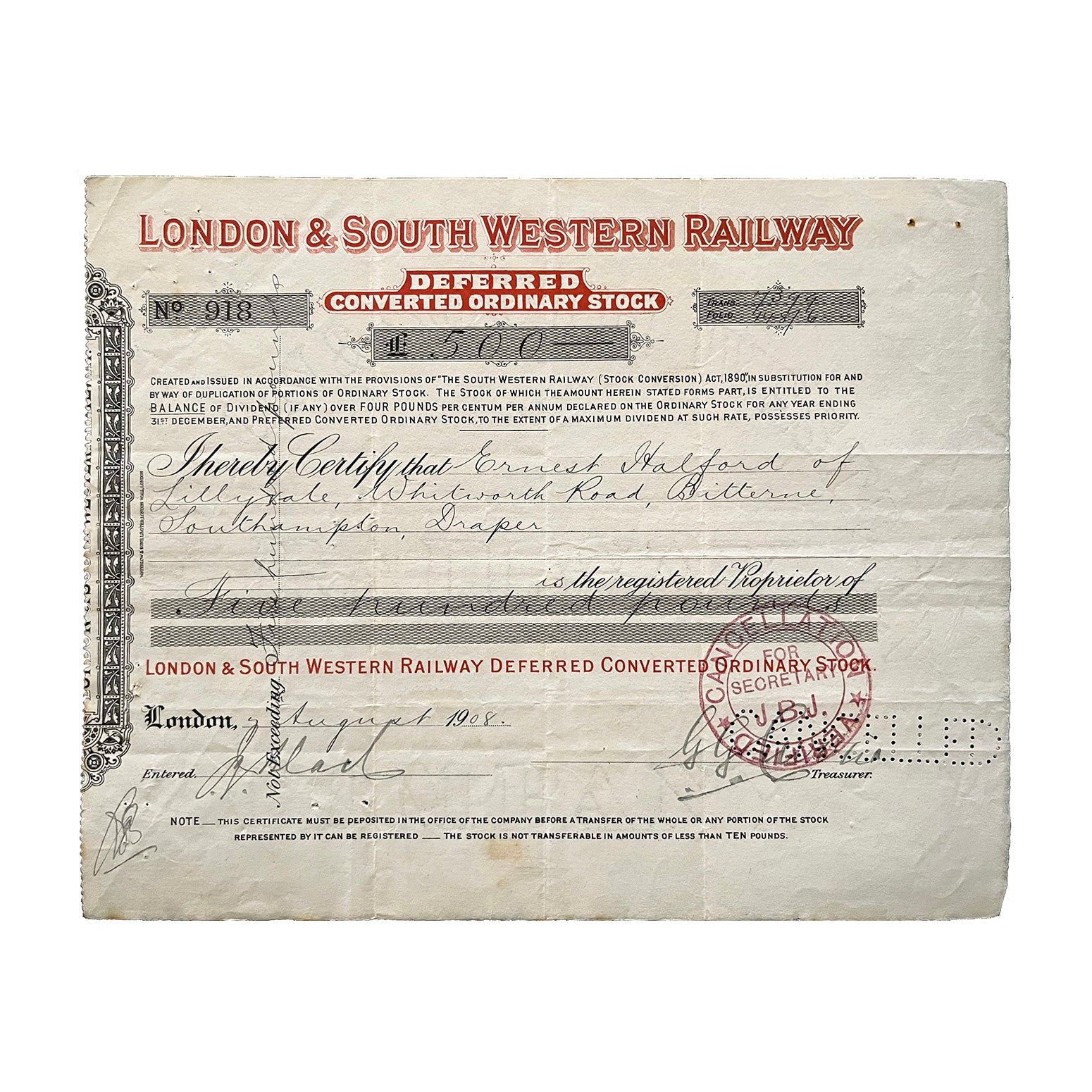 railway share certificate, London & South Western Railway Company, Deferred Converted Ordinary Stock, issued 1908