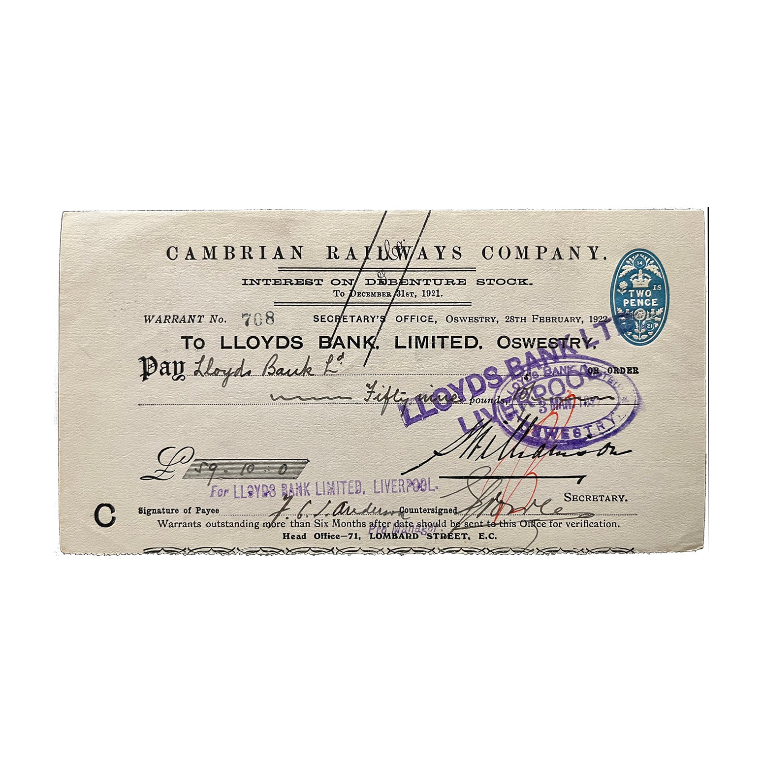 An original railway cheque, Cambrian Railways Company, for payment or interest on Debenture Stock. Dated 28 February 1922