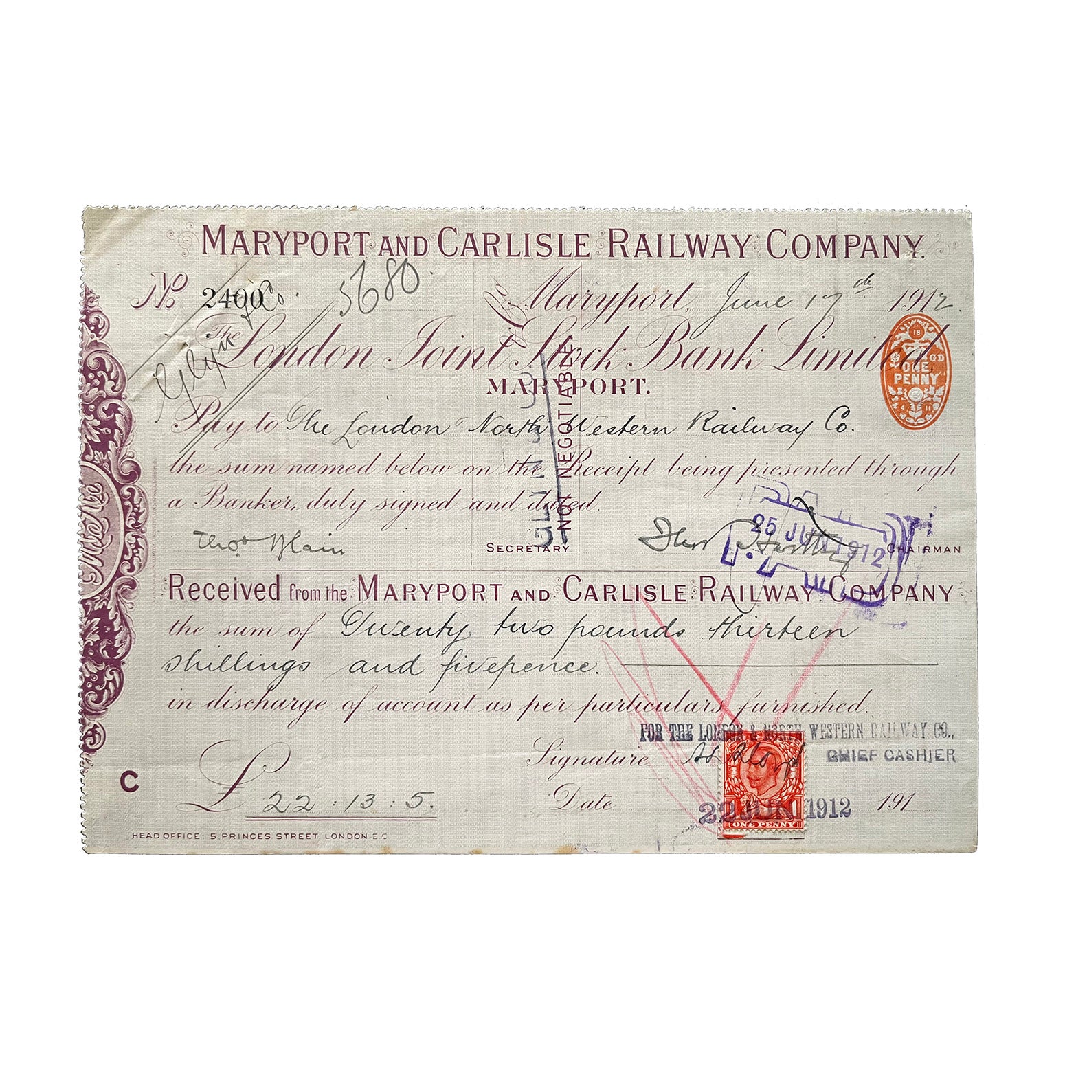 An original railway cheque, Maryport and Carlisle Railway Company, for payment to the London &amp; North Western Railway. Dated 22 June 1912