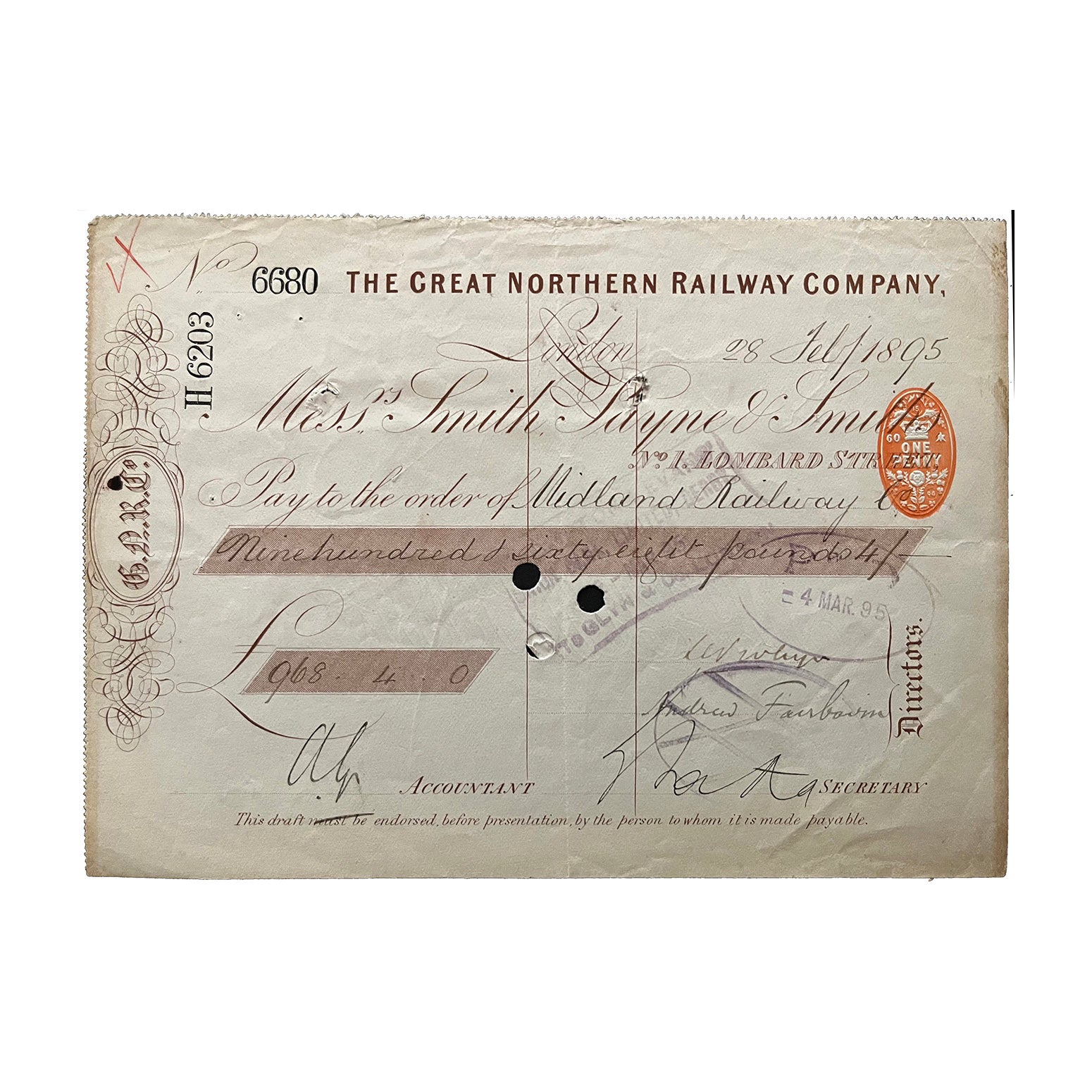 An original railway cheque, Great Northern Railway Company, for payment to the Midland Railway. Dated 28 February 1895