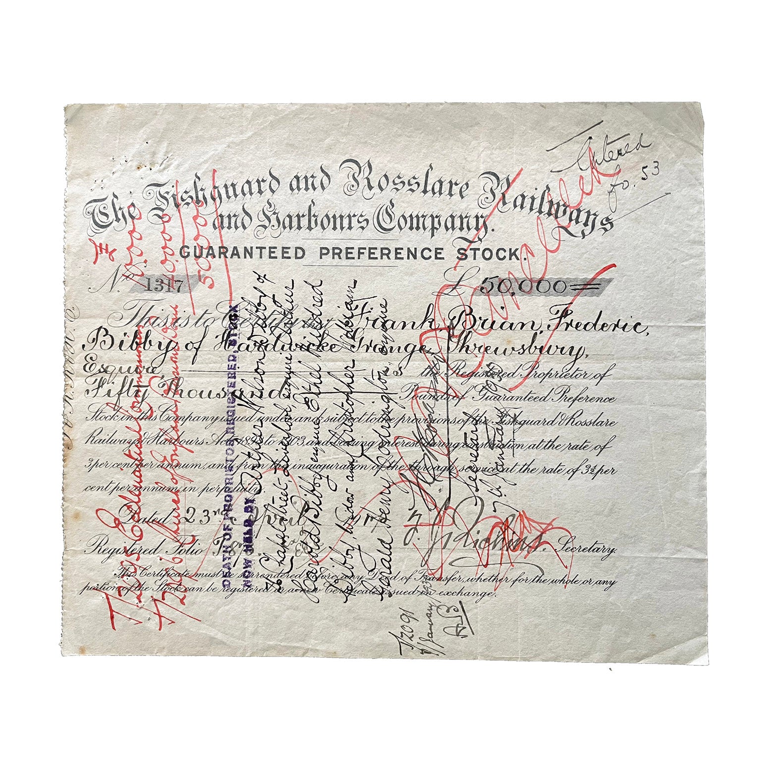 ailway share certificate, Fishguard and Rosslare Railways and Harbours Company, Guaranteed Preference Stock, £50,000, issued 1917