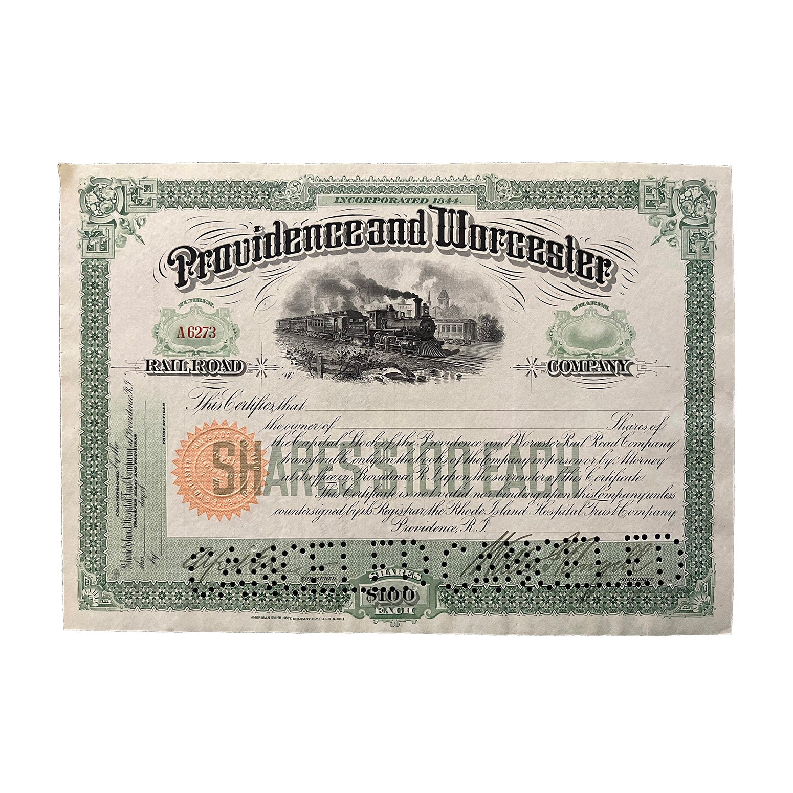 Original railway share certificate, Providence and Worcester Railroad Company. Unissued.  Very attractive layout, featuring an early American steam locomotive