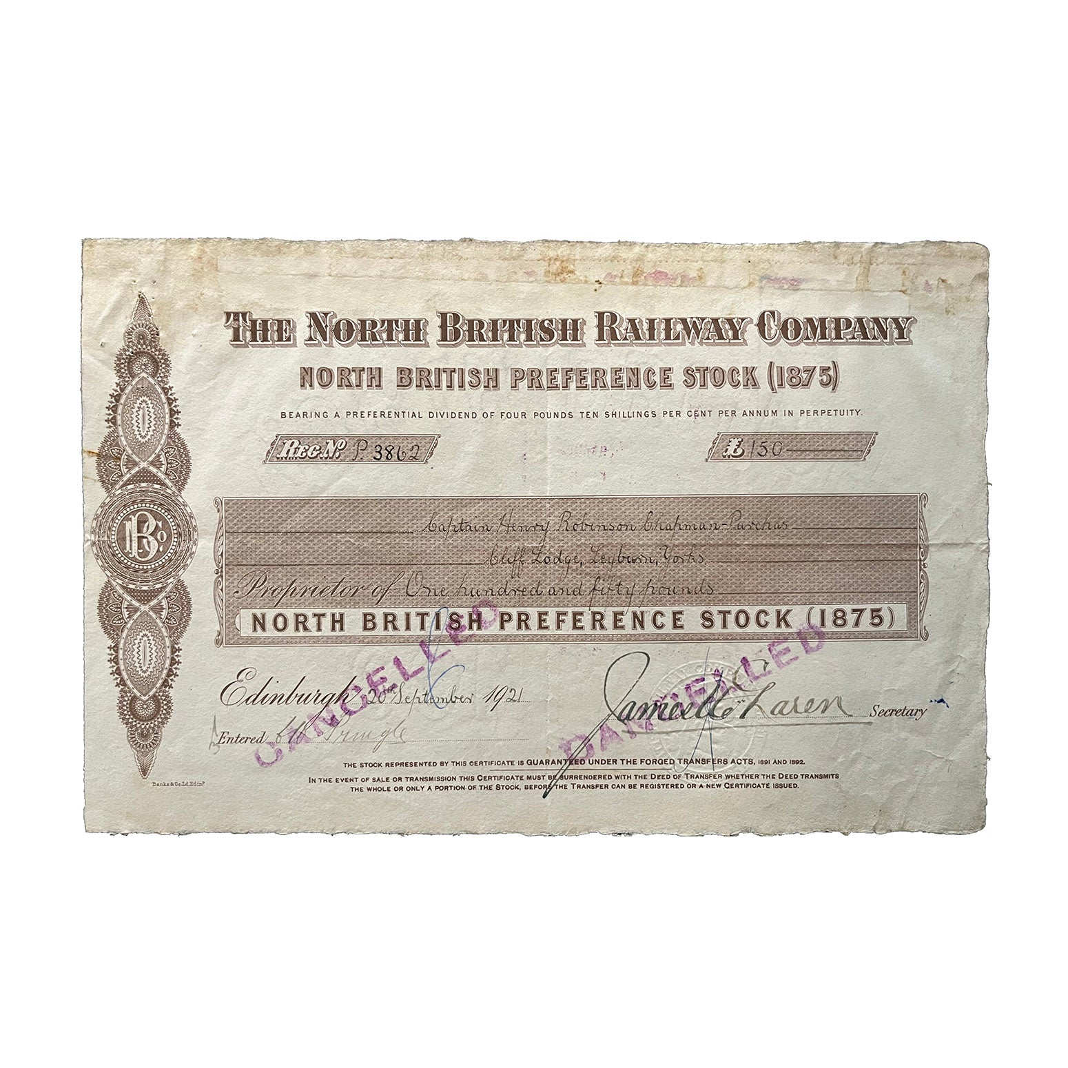Original railway share certificate, North British Railway Company, Preference Stock, £150, issued 1921. 