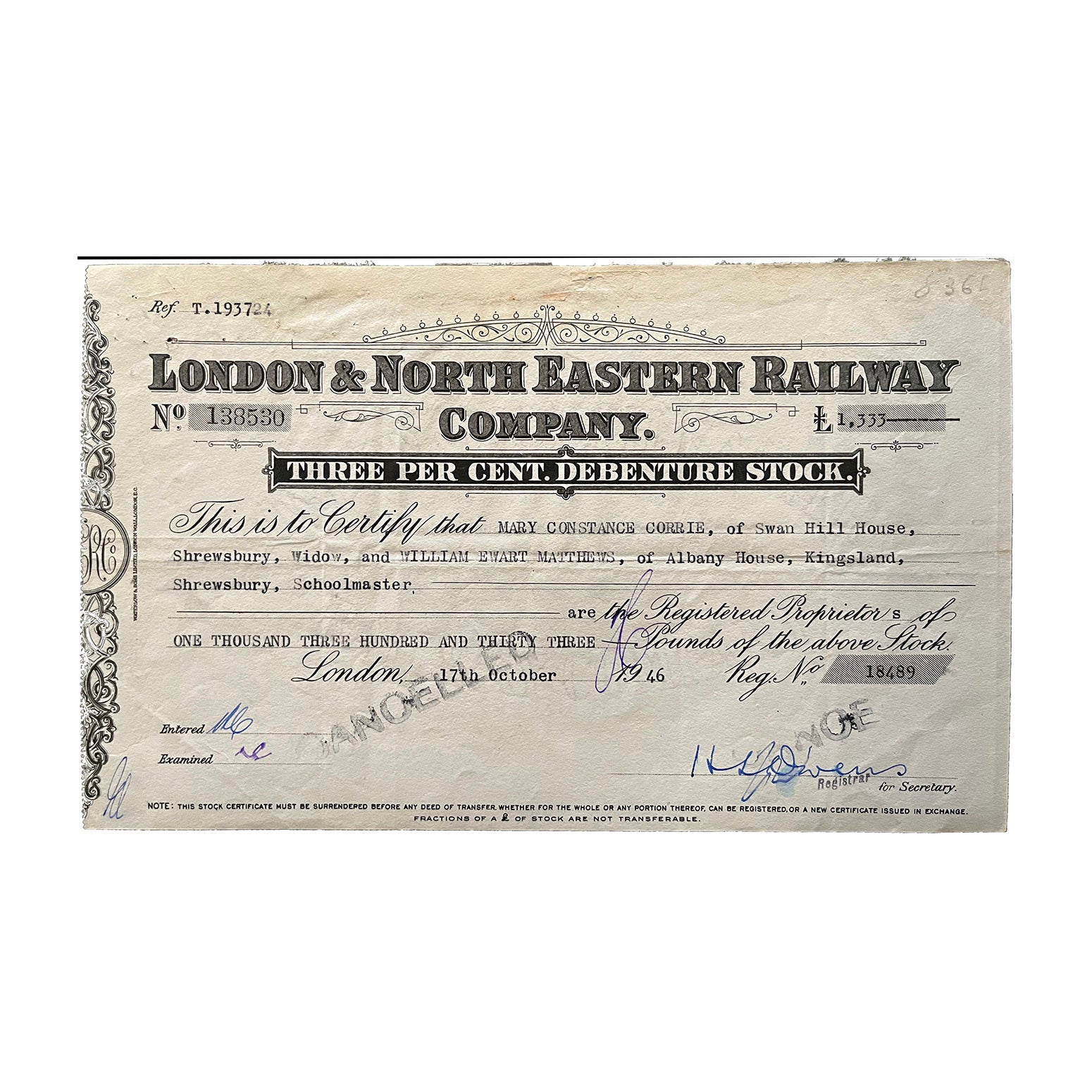 Original railway share certificate, London &amp; North Eastern Railway, 3% Debenture Stock, £1333, issued 1946