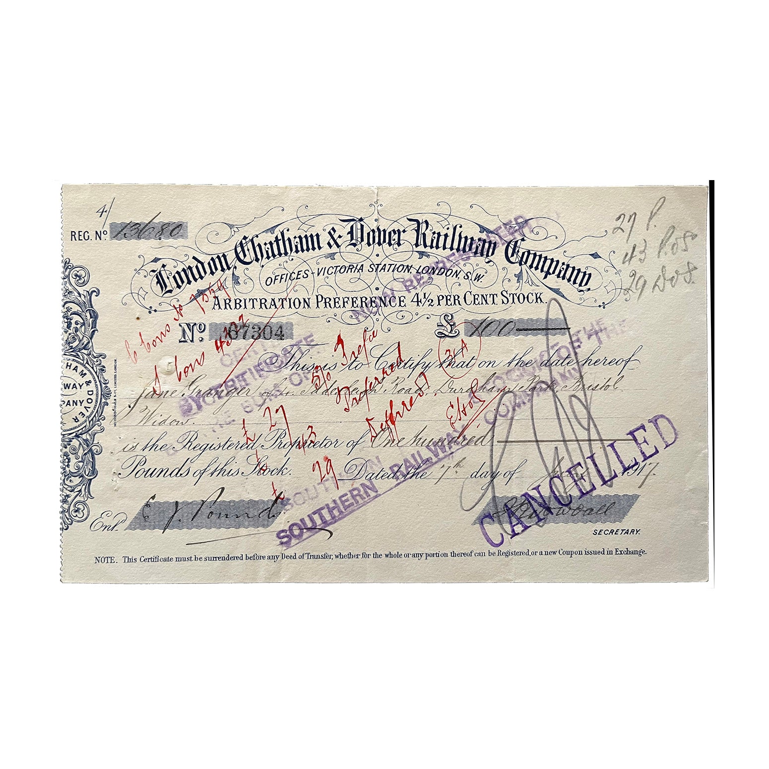 Original railway share certificate, London Chatham & Dover Railway Company, Arbitration Preference 4½ % Stock, £100, issued 1917