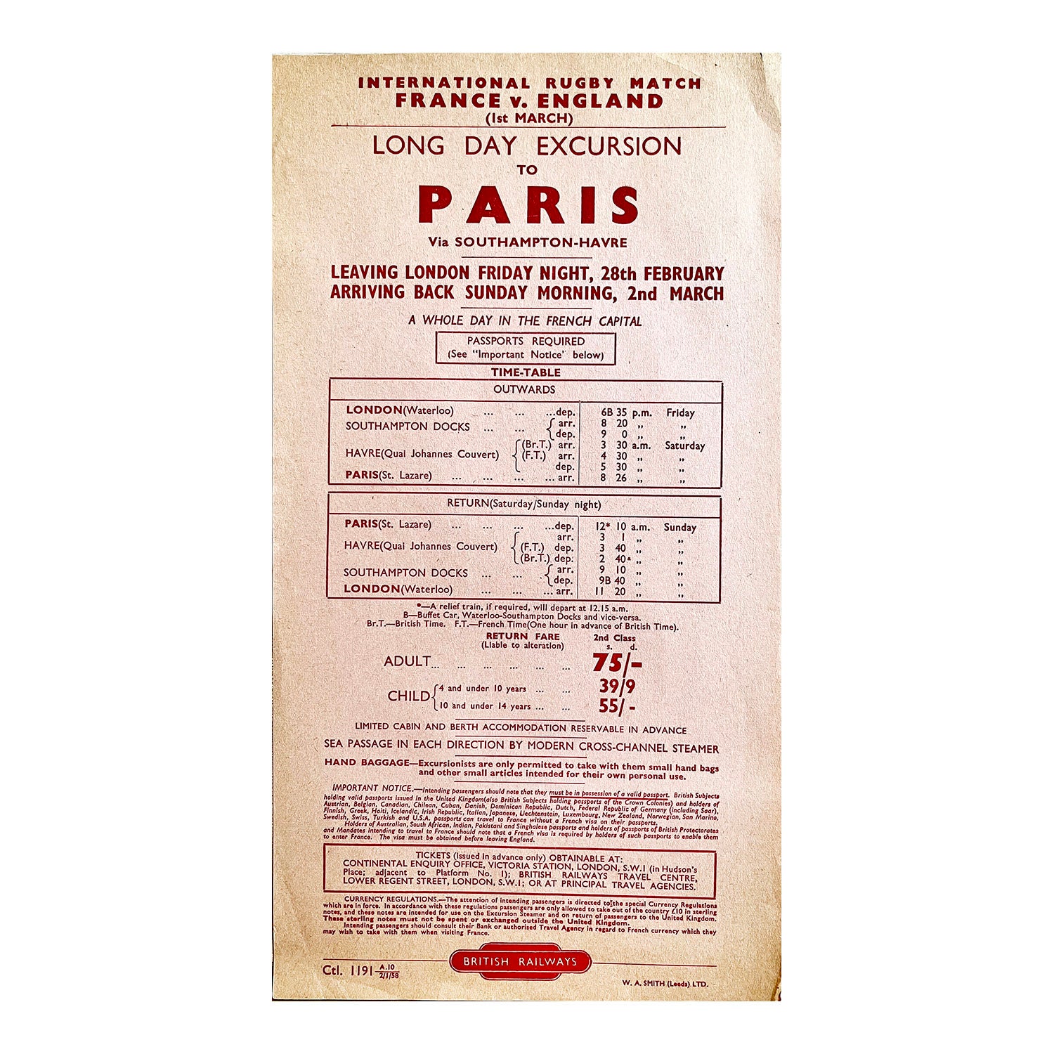 Original British Railways handbill advertising a trip from London to Paris to watch the Five Nations Championship (rugby) England v France, 1st March 1958.