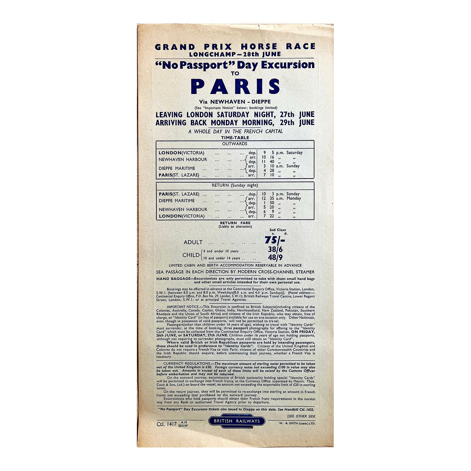 British Railways handbill advertising a trip from London to Paris to watch the Grand Prix Horse Race at Longchamp, 28 June 1958