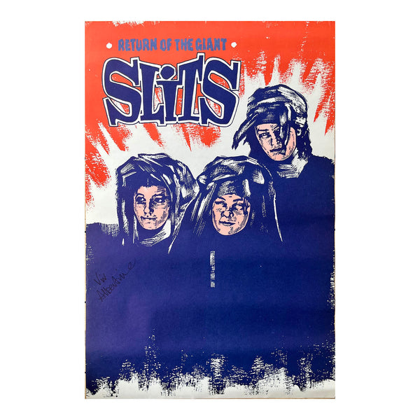 An original promotional poster for Return of the Giant Slits, the second studio album by London punk band the Slits, released in 1981 by CBS. The striking artwork, depicting Viv Albertine, Palmolive and Ari Up was designed by Neville Brody.