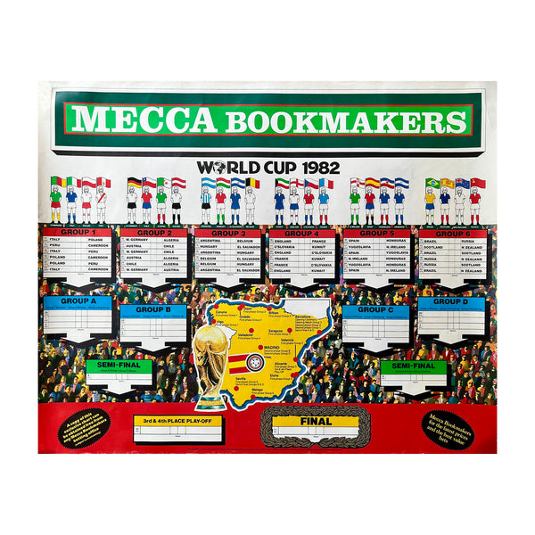 An original World Cup 1982 group stages wall chart poster, produced by Mecca bookmakers. An uncommon item, depicting the competing teams at the top with each of the group stages left blank (to be filled in later). A map of Spain, showing the stadia venues, is imposed over a graphic of football supporters