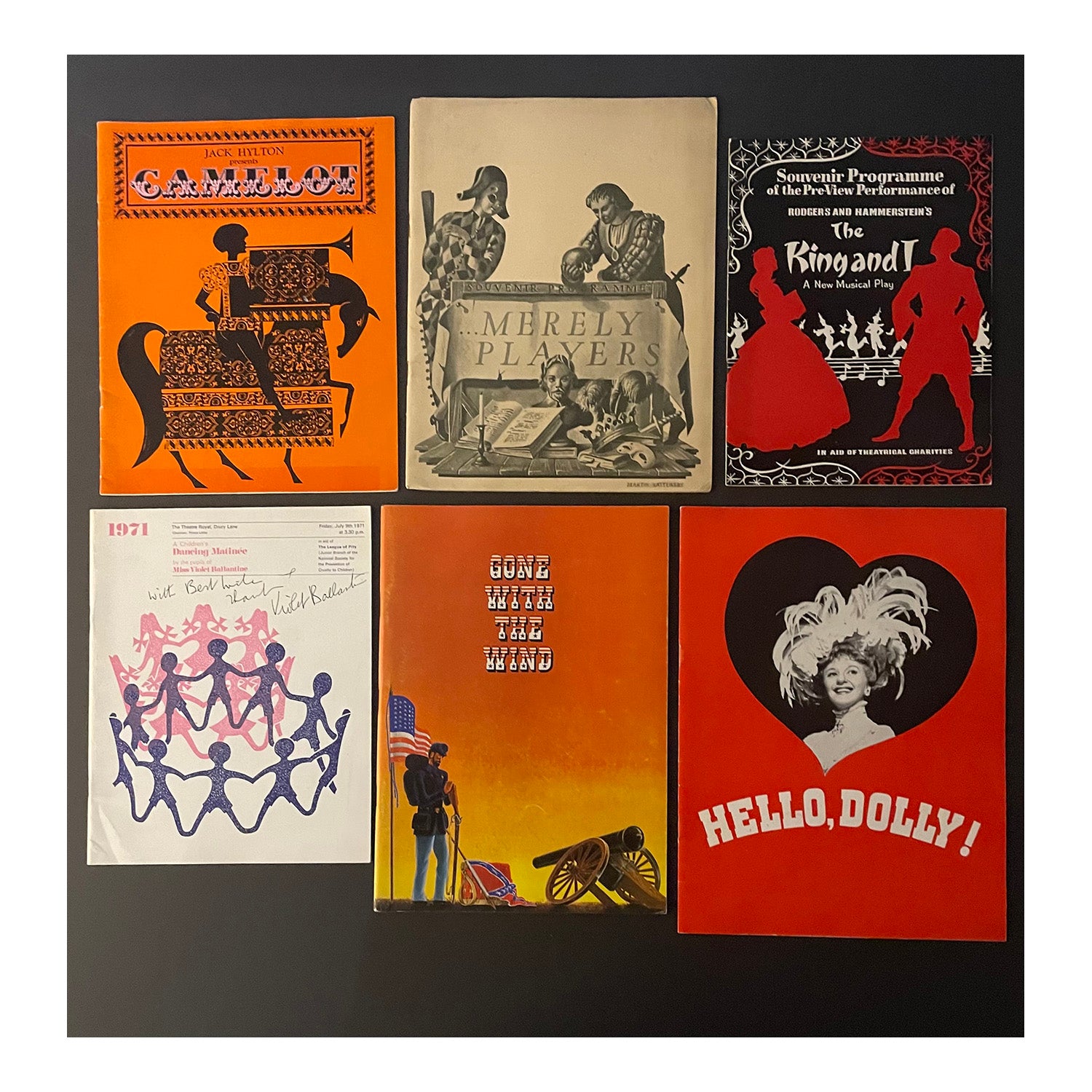 Collection of original official souvenir programmes for Theatre Royal Drury Lane. Includes; Billy (1974); Gone with the Wind (1972) Merely Players (1952), 42nd Street (1984), Camelot (1964), The Great Waltz (1970), Hello, Dolly! (1965) The Children's Dancing Matinee (1971), My Fair Lady (1958), and The King and I (1953).