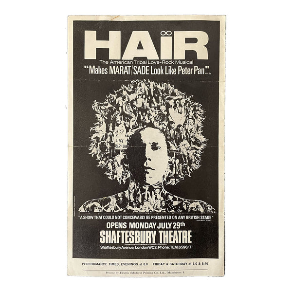 An original pre-opening flyer for the era-defining 60s music Hair.