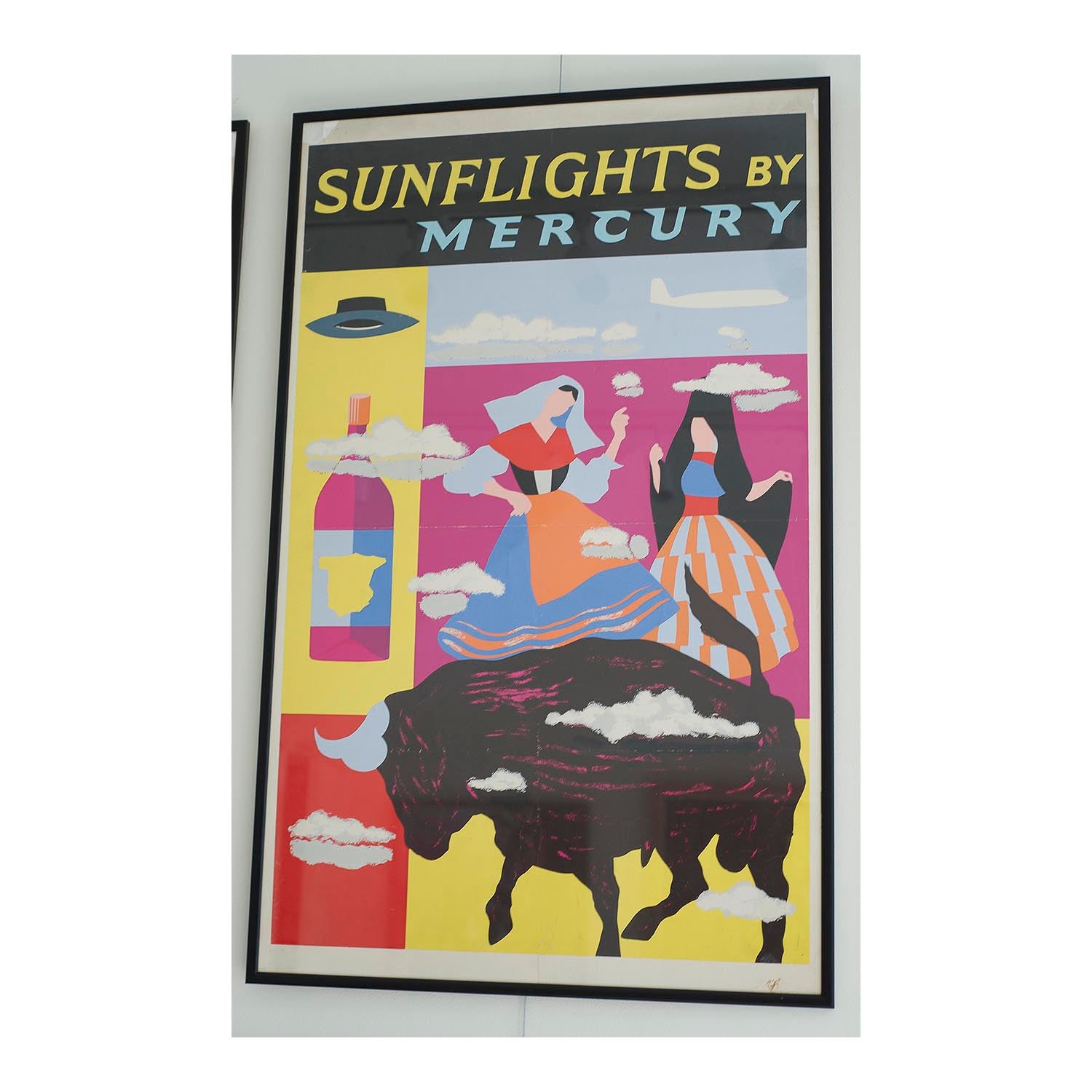 Original travel poster Mercury Airlines, Sunflights to Spain, 1961-62. Spanish national costume, wine & bullfighting 
