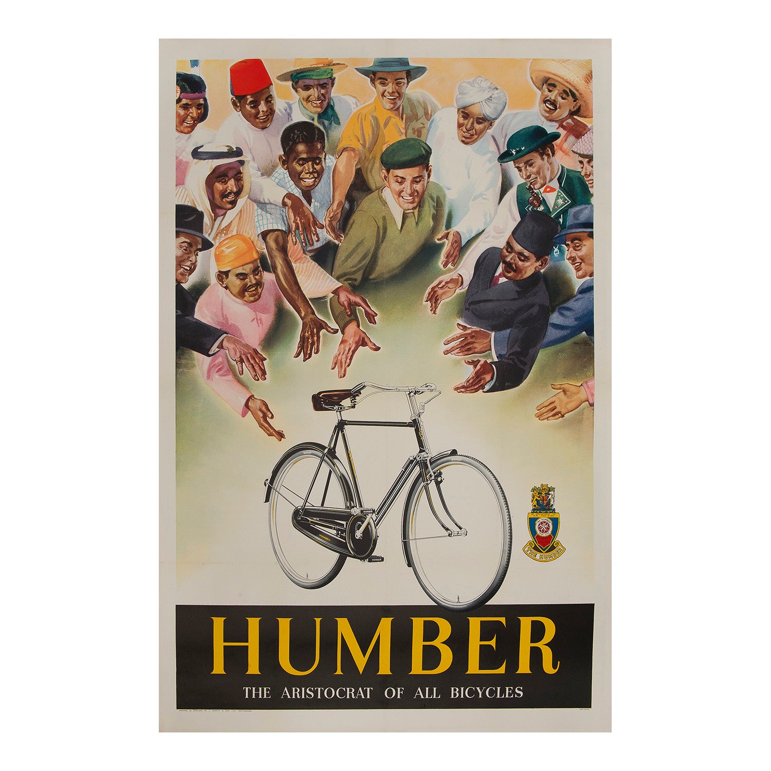 Original poster for Humber bikes from c.1935-50. The image depicts a group of young men of different ethnicities, all reaching for the Humber bike, with the slogan 'The aristocrat of all bicycles'. 