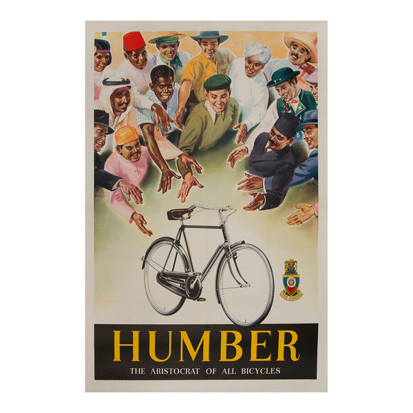 Original poster for Humber bikes from c.1935-50. The image depicts a group of young men of different ethnicities, all reaching for the Humber bike, with the slogan 'The aristocrat of all bicycles'.
