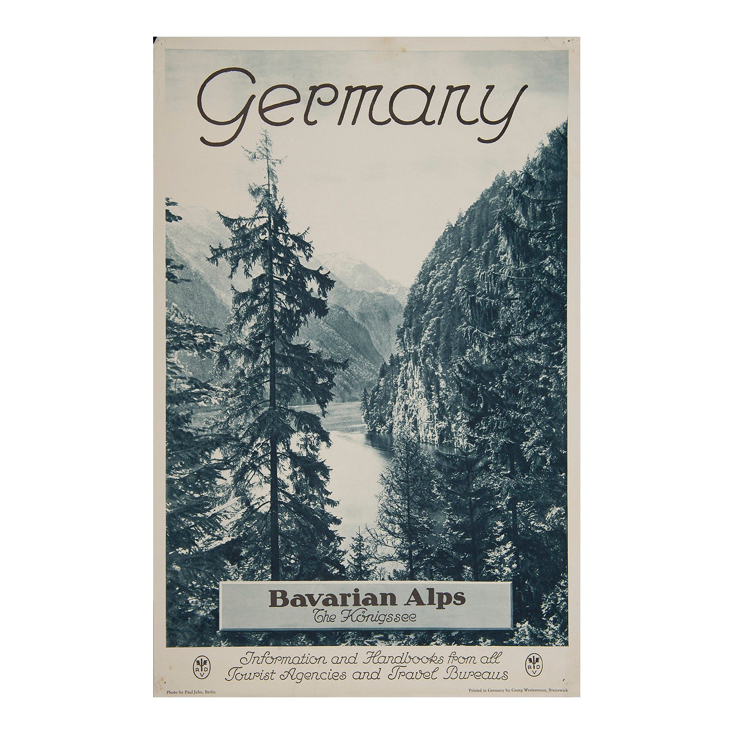 German Railway poster published by the Reichsbahnzentrale für den Deutschen Reiseverkehr (RDV) in c.1930, promoting the Königssee in the Bavarian Alps. Photographic poster of Bavarian Alps, Germany. 