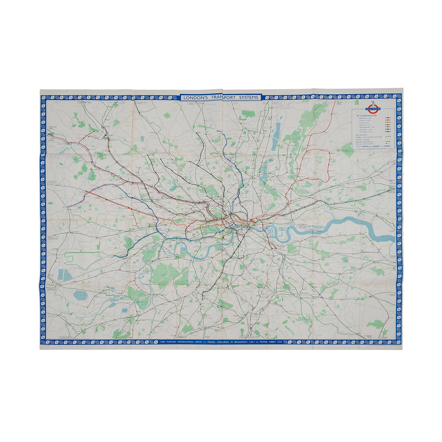 Original London Transport system map for display at Underground and bus stations, designed by R.G. Lewis, 1962. A geographical map showing the entire tube system, together with bus and coach routes operated by London Transport.