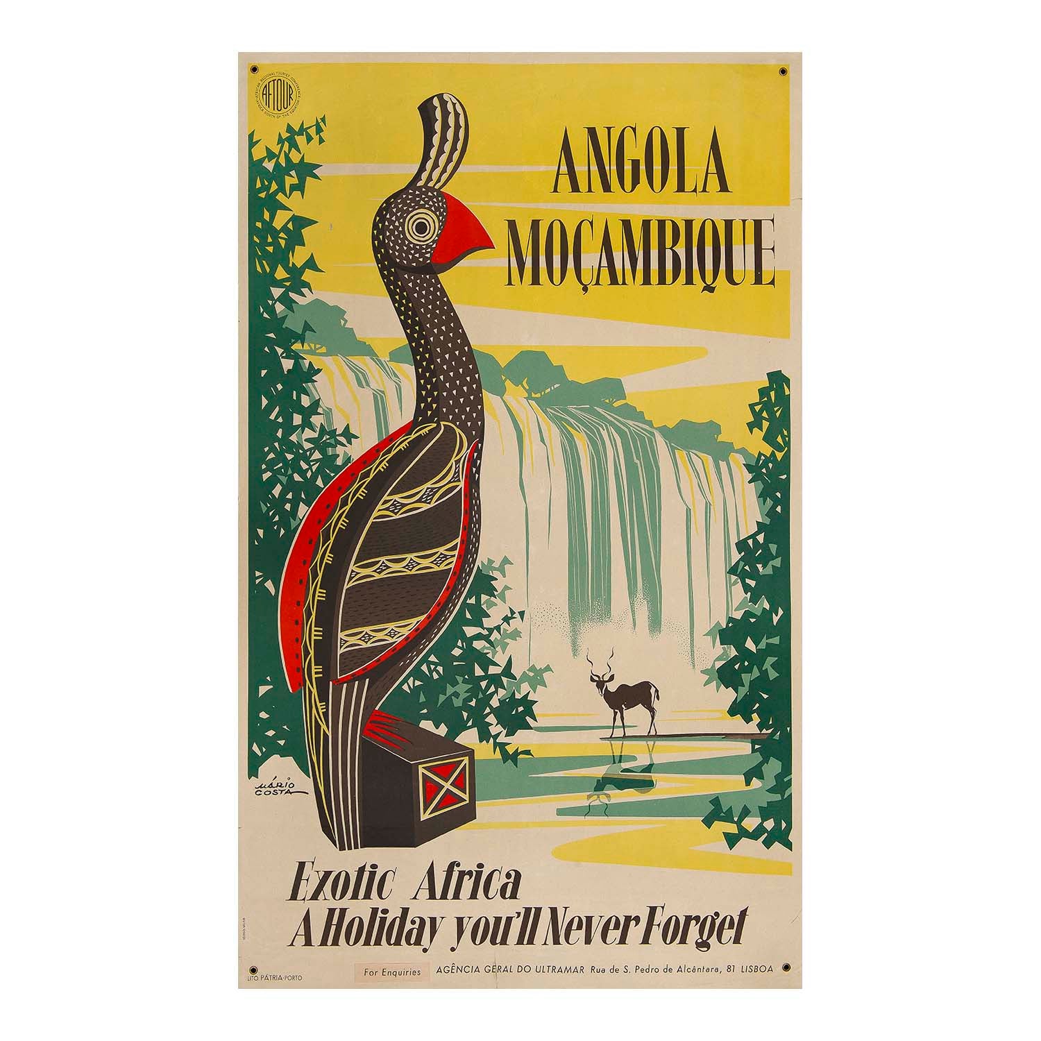 Original travel poster Angola and Mozambique, designed by Mário Costa 1958. The design features an exotic African bird (possibly a Barbet) with waterfall behind