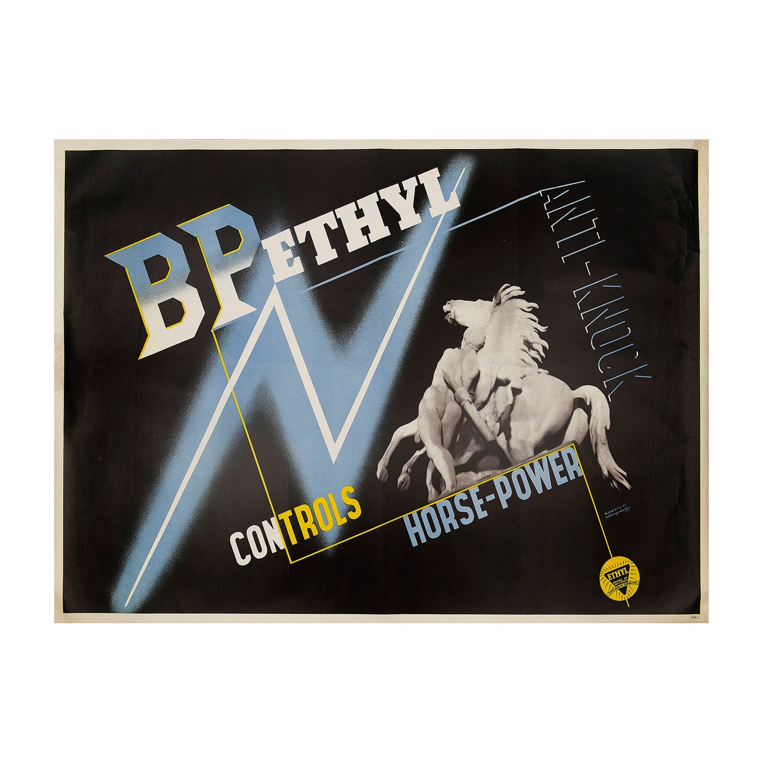 Original antique poster: BP Ethyl Controls Horse-Power, Edward McKnight Kauffer, 1933. photomontage a night-time photograph of the Horse Tamers in the Place de la Concorde. dramatic asymmetrical lettering 