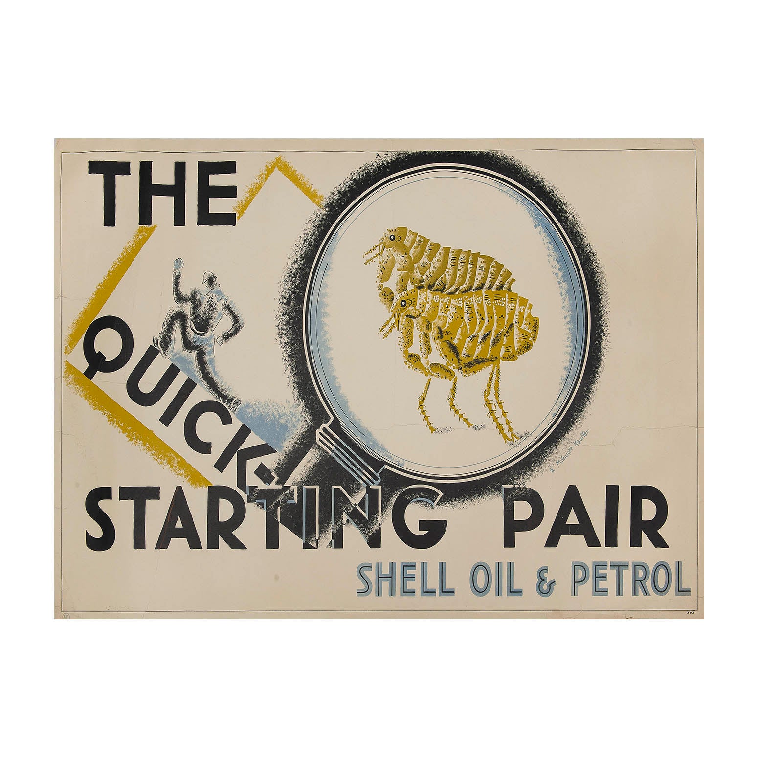 Original Shell poster: The Quick Starting Pair, by Edward McKnight Kauffer, 1931. Image of two fleas under a magnifying glass