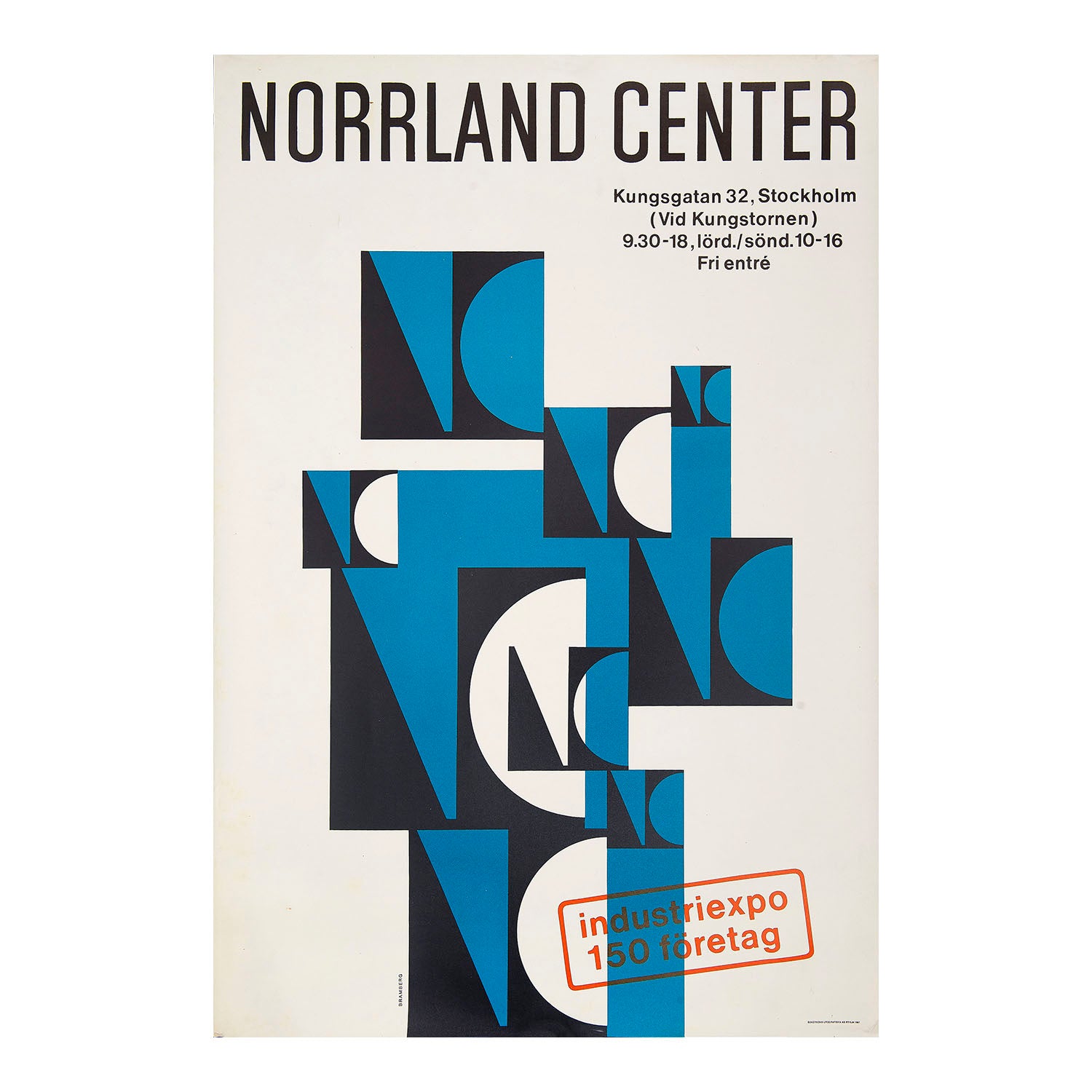 Swiss Norrland Centre poster by graphic designer Lars Bramberg, 1967. A modernistic design of blue, black and white shapes, creating the repeating pattern 'NC' for 'Norrland Center'