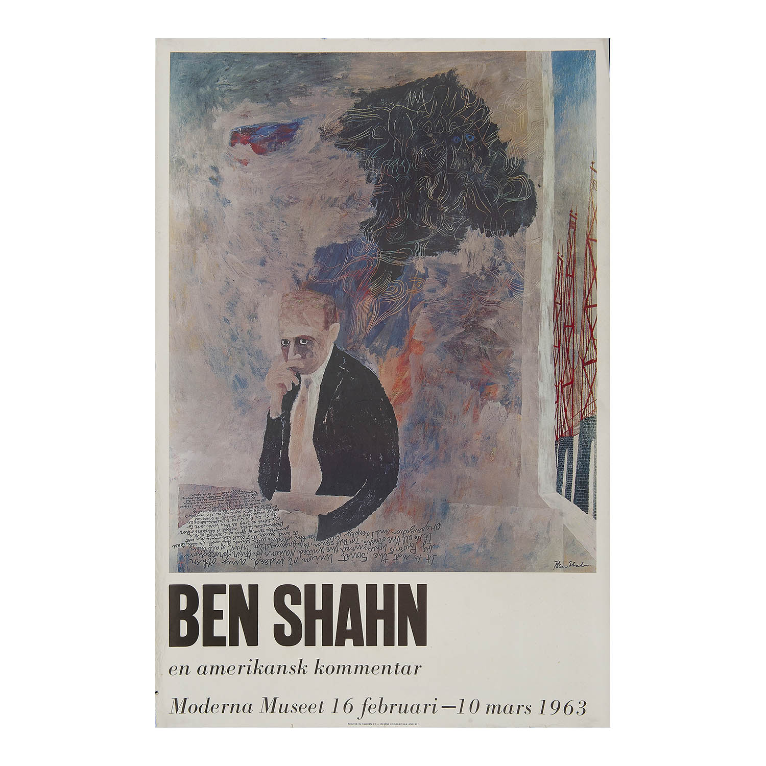 Original exhibition poster, Ben Shahn. En Amerikansk kommentar, for the Moderna Museet ("the Museum of Modern Art"), Stockholm, Sweden, 1963. The poster features an original Ben Shahn painting of a thoughtful man at a table. 