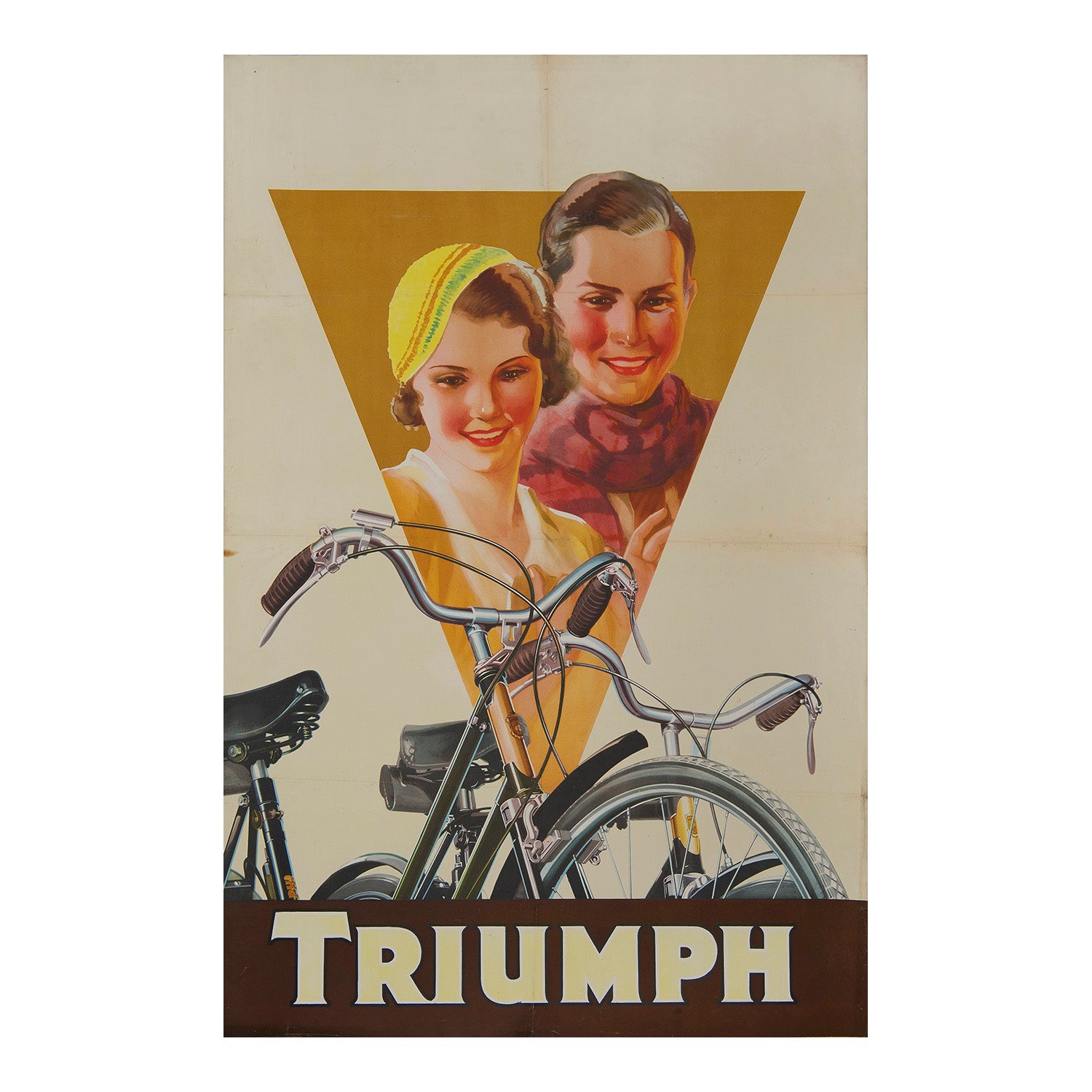 An original promotional poster for the world-famous Triumph Cycle Company, c. 1935. The stylish design links the aspirations of the young couple with two new bicycles via an inverted triangle.