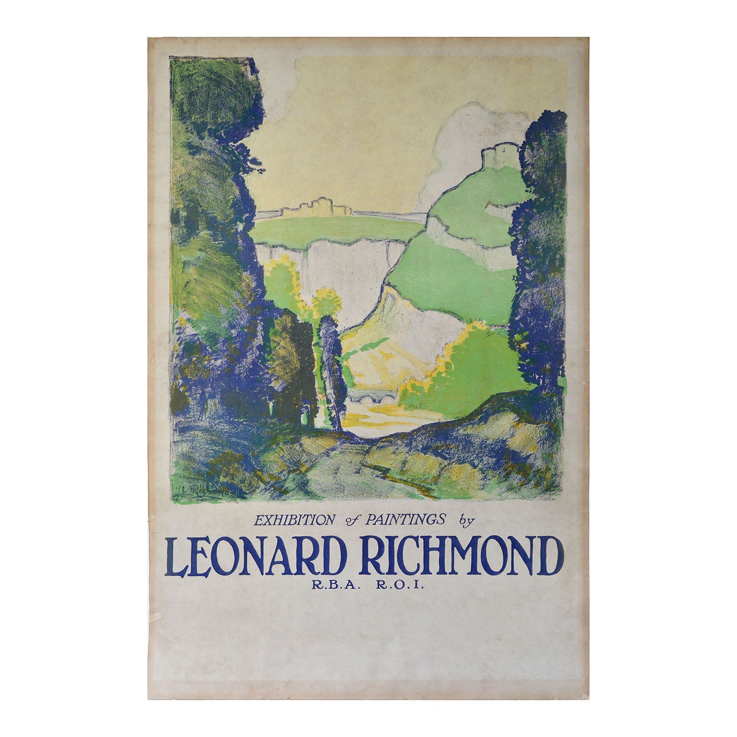 Original exhibition poster, Exhibition of Paintings by Leonard Richmond, 1919, depicting rolling green hills.