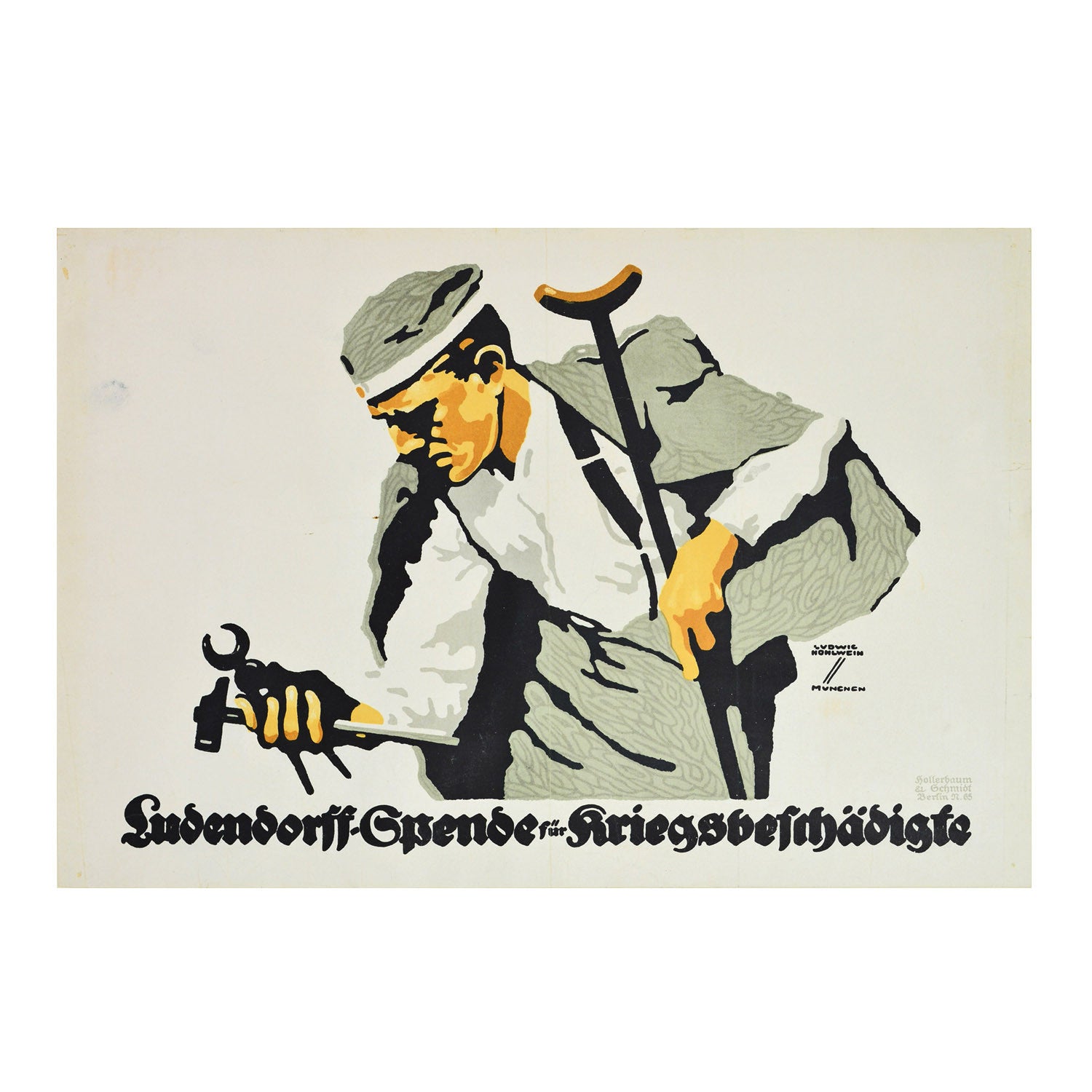 An original poster for the Ludendorff Appeal, advertising re-training to disabled soldiers, designed by Ludwig Hohlwein in 1918. The image shows a wounded soldier holding tools.