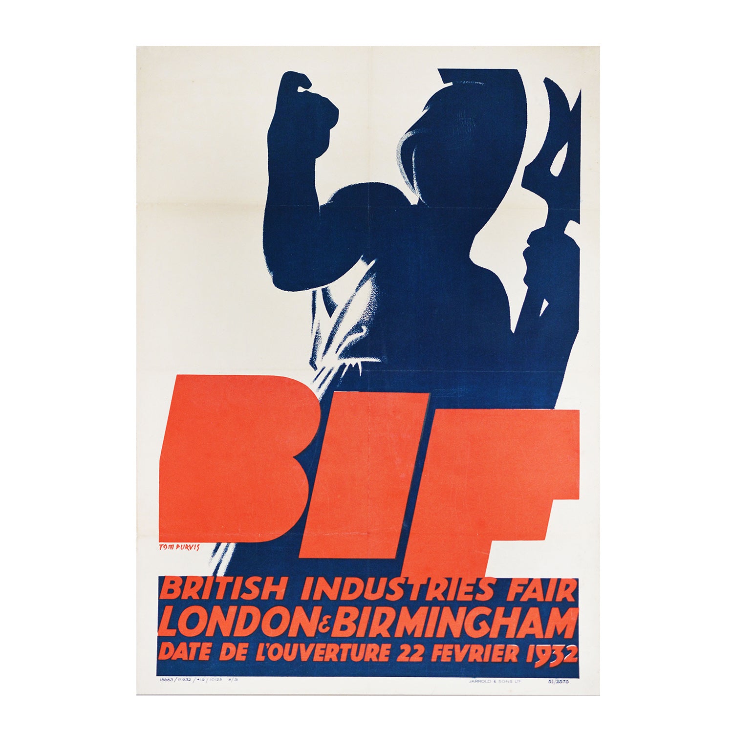 Original Tom Purvis poster for the British Industries Fair in 1932. A two-toned image of Britannia with the brand 'BIF' in block lettering. 
