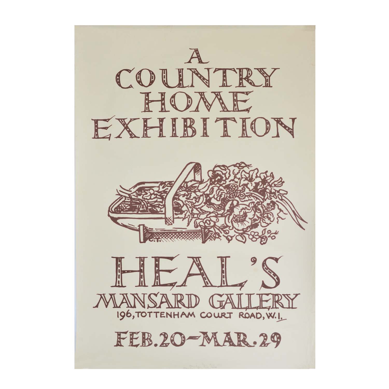 An original poster for an exhibition of ‘Country Home’ interior design at the Mansard Gallery in Heal’s Department Store. The poster features a basket of flowers. 