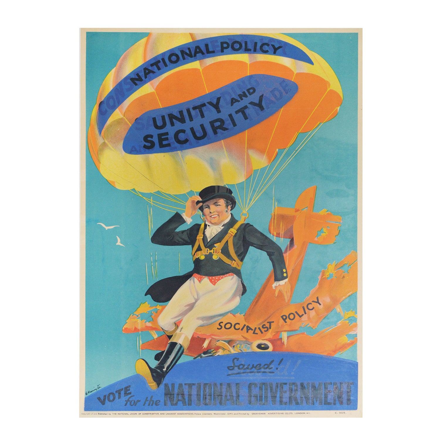 A British Conservative Party poster for the National Government coalition from the 1931 General Election. It depicts John Bull escaping the ‘plane crash’ of Socialist policy with the parachute of National Policy (Unity and Security).