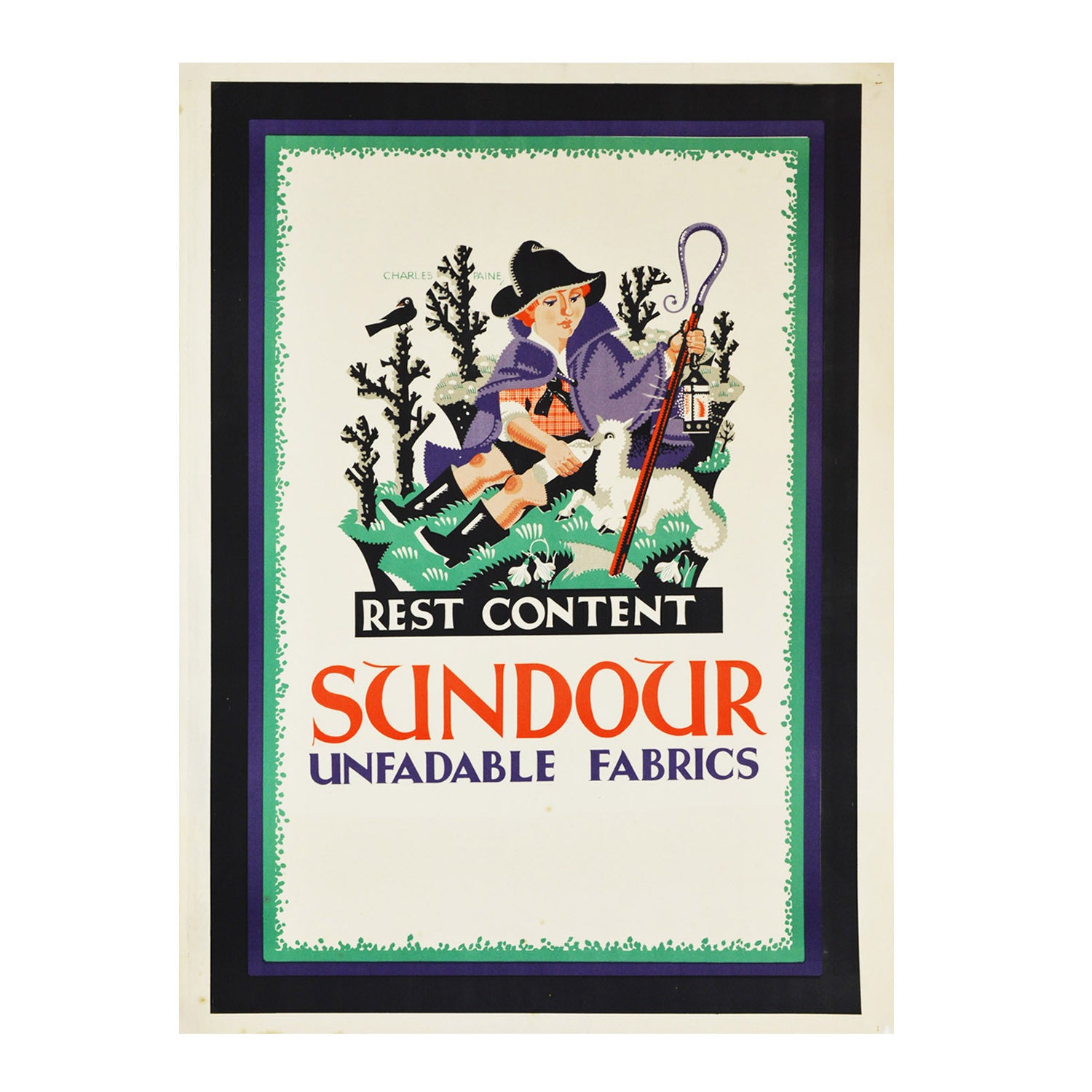 An original 1920s poster for Sundour fabrics by Charles Paine showing shepherdess with a lamb