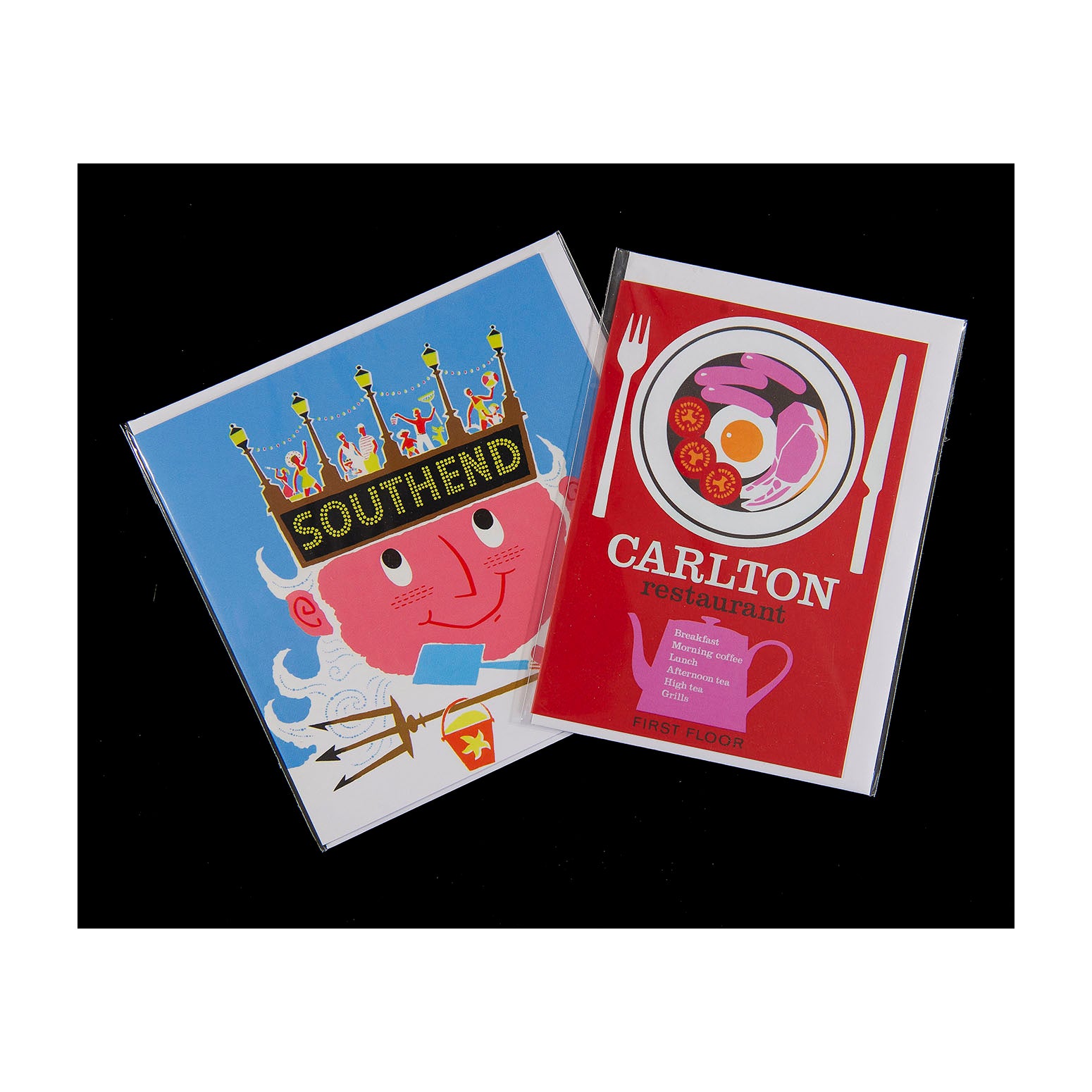 Set of four greetings cards featuring 1960's poster designs by Daphne Padden.