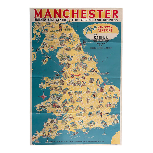 An original pictorial poster map Manchester. Britain's Best Centre For Touring And Business, designed by J Cunliffe and published by Sabena Airlines, 1954