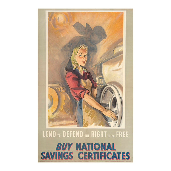 Second World War poster, Lend to Defend the Right to be Free, Buy Defence Bonds, designed by John Pimlott for the National Savings Committee. The image of a female factory worker is cleverly linked with the shadow of a Red Cross nurse to make a visual connection between the Home Front and those on active service.