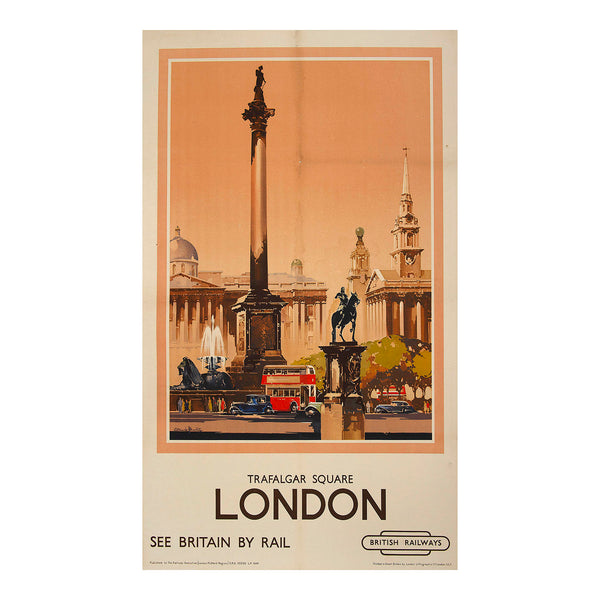 Original railway poster, Trafalgar Square, painted by the renowned poster artist Claude Buckle and published by the Railway Executive (London Midland Region) in 1949. A superb depiction of London’s famous central square, featuring Nelson’s Column, the National Gallery and the church of St Martin-in- the-Field.