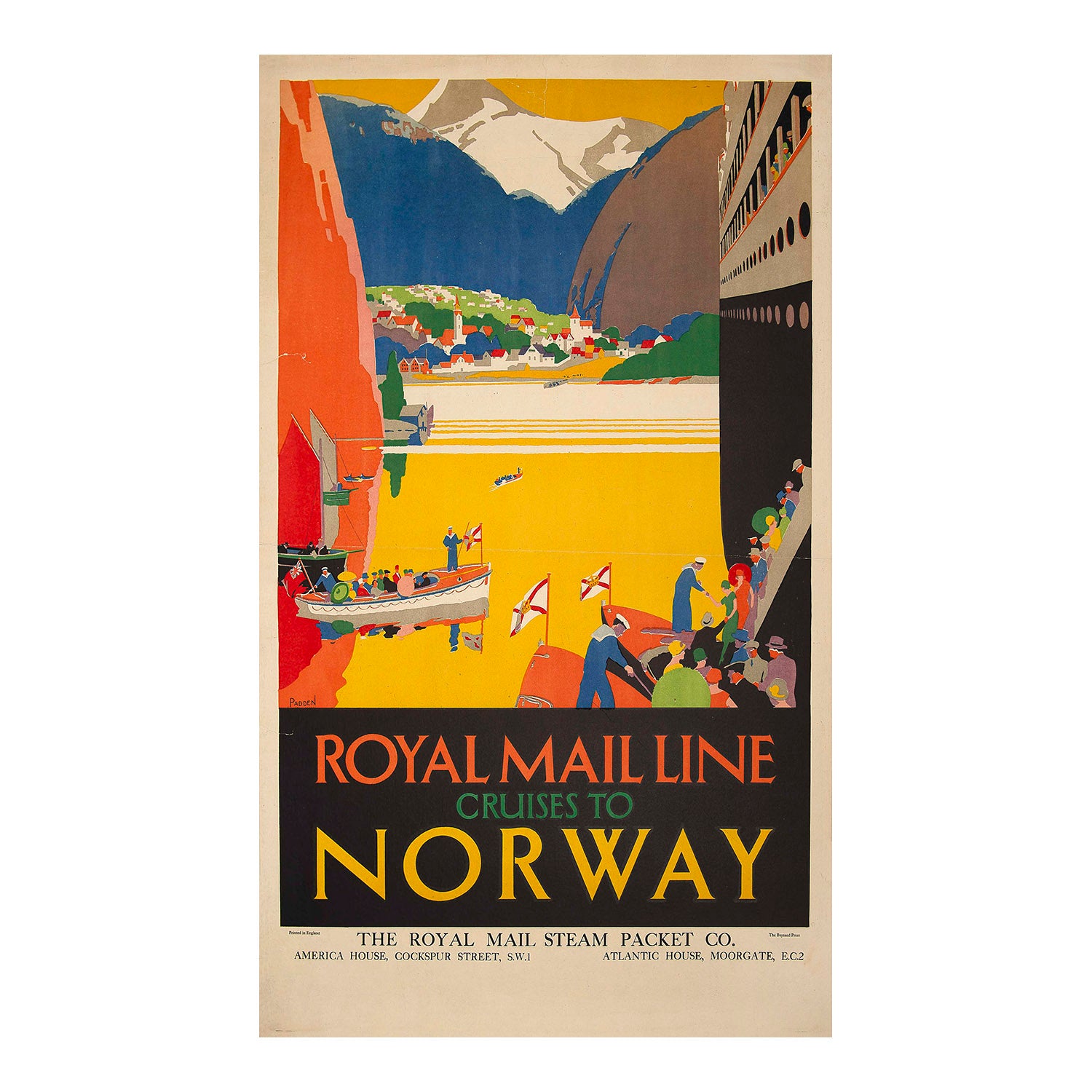 Royal Mail Line Cruises to Norway, designed by Percy Padden for the Royal Mail Steam Packet Company, c. 1927. The design depicts stylishly dressed passengers transferring from a passenger cruise ship into a flotilla of motorboats waiting to transport them to a picturesque Norwegian town nestled in a mountainous landscape. 